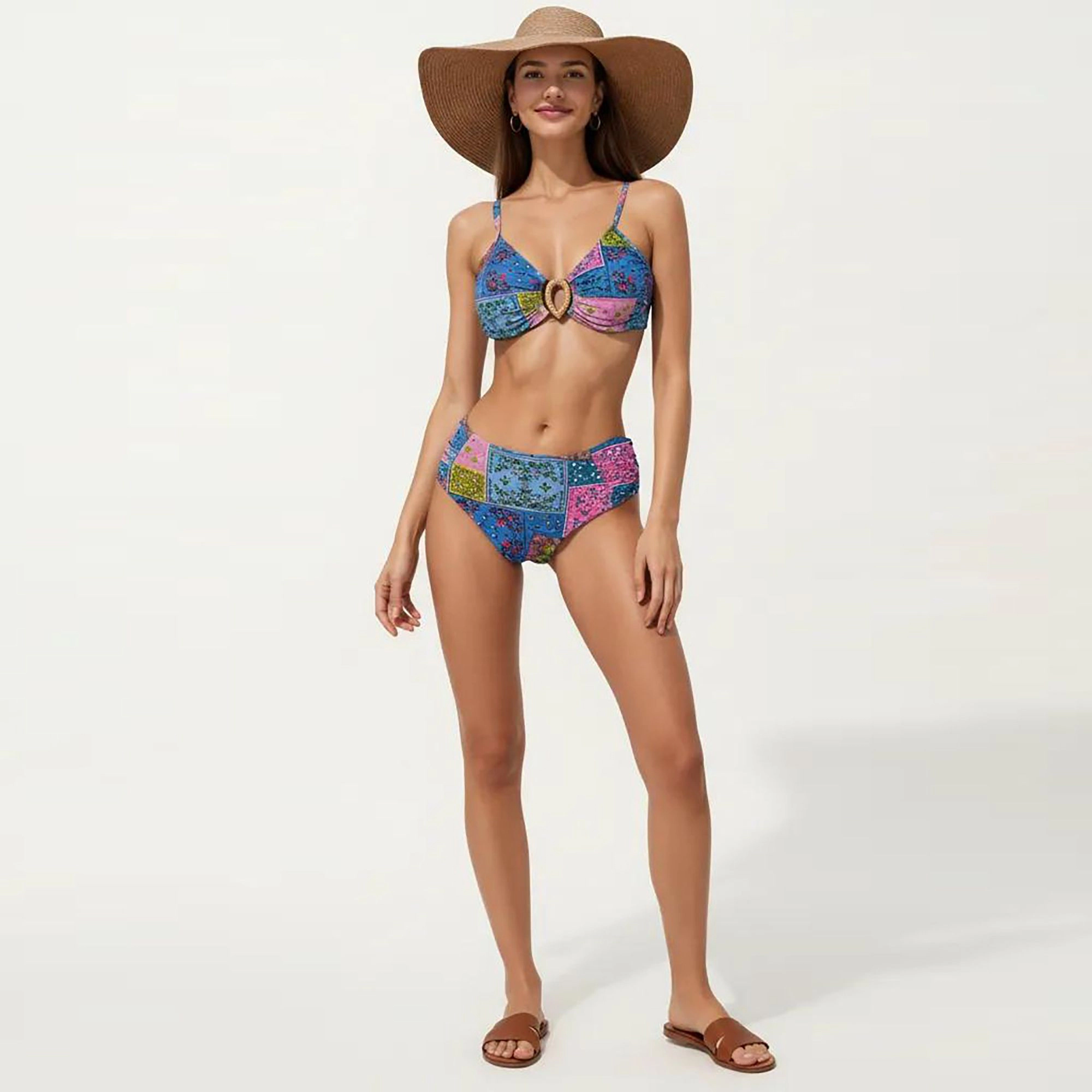 Anna-Kaci Women's 2-Piece Patchwork Bikini Set with Ring Detail Top and High-Waist Shirred Bottoms