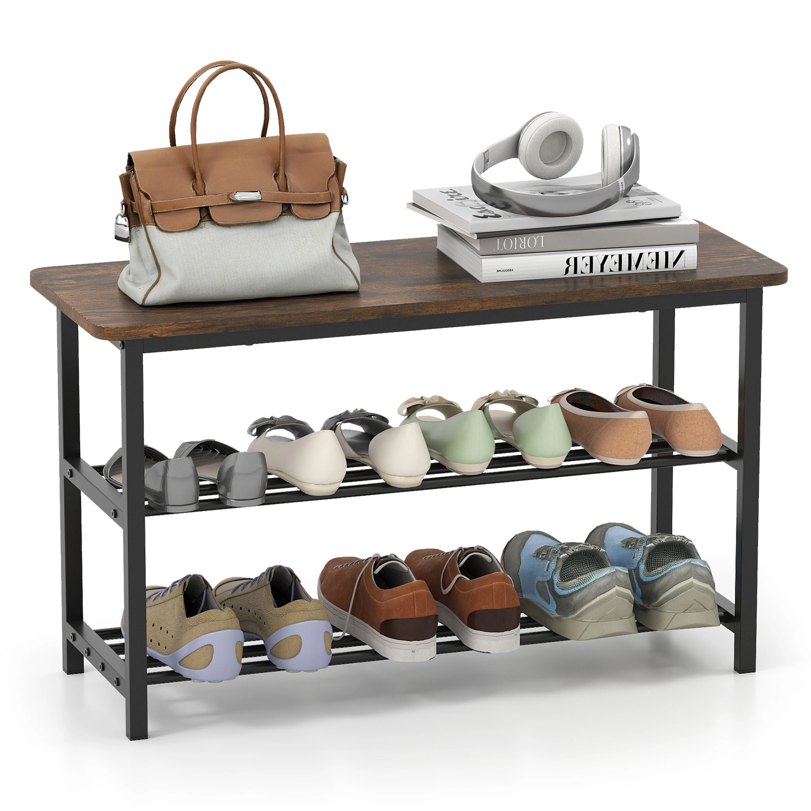 SUGIFT 3-Tier Shoe Rack Bench with Metal Slat Shelves and Long Wooden Seat 300-lb Top Seat Capacity Rustic Brown + Black