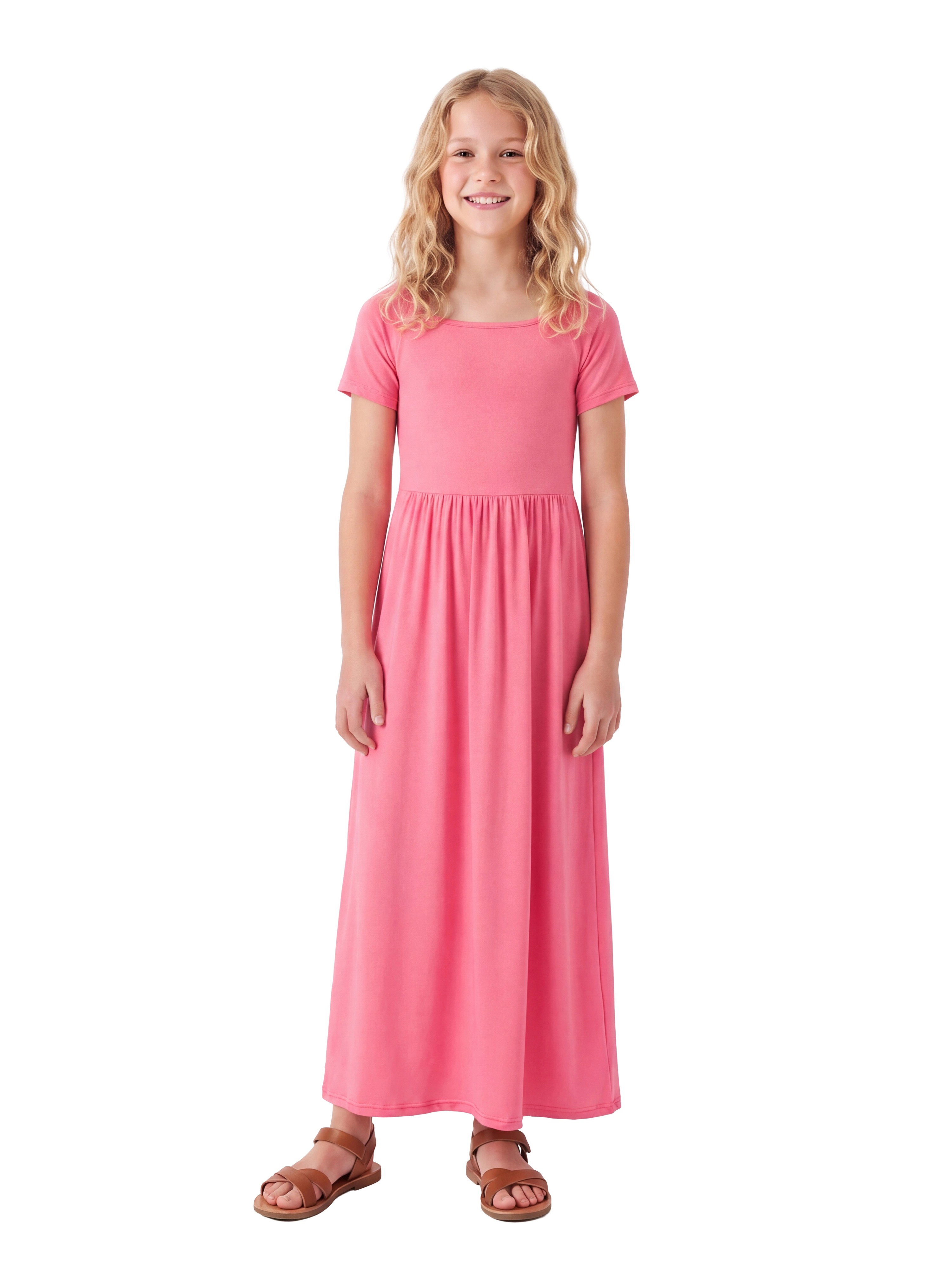24sevenKid Essential Girls Short Sleeve Pleated Maxi Dress