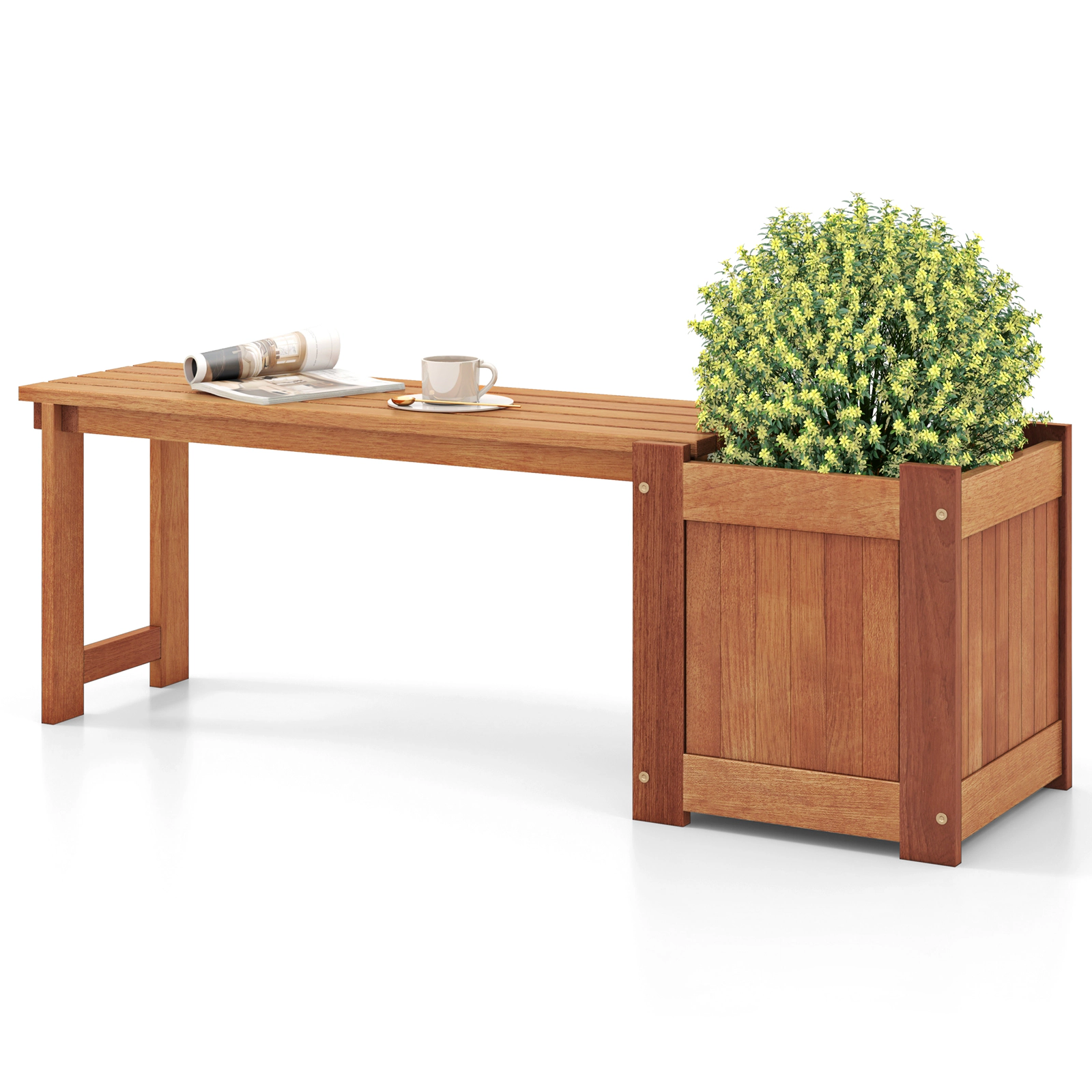 LJG Teak Oil Finish Raised Garden Bed Wood Planter Box with Bench