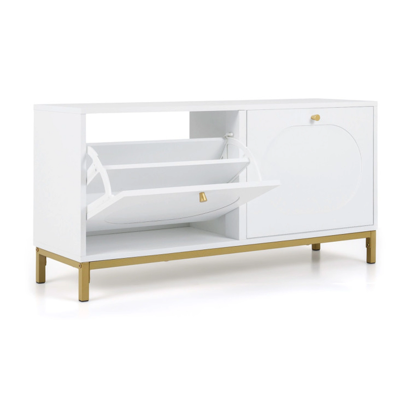 SUGIFT Shoe Storage Bench Narrow Entryway Bench 2 Flip Drawers Adjustable Shelves 150-lb Top Capacity White & Golden