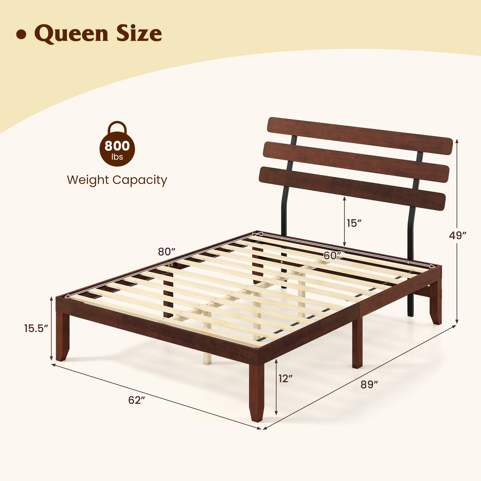 SUGIFT Queen Solid Wood Platform Bed Frame with Retro High Headboard 800-lb Capacity Walnut