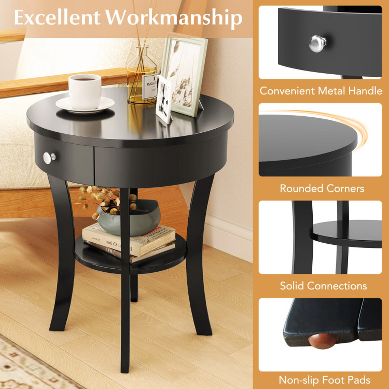 SUGIFT 2-Tier Wood Round End Table with Open Drawer 140-lb Tabletop Capacity Black