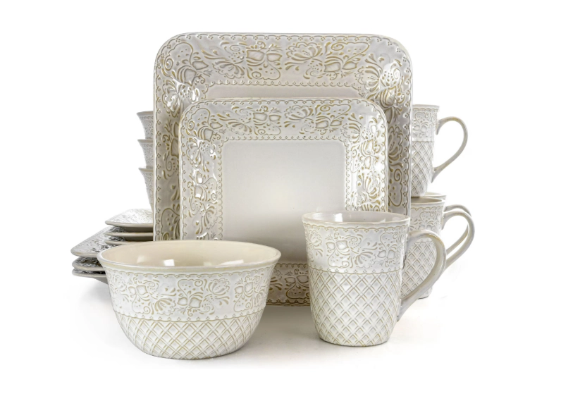 Elama Ivory Lotus Unisex 16 Pieces Square Dinnerware Set