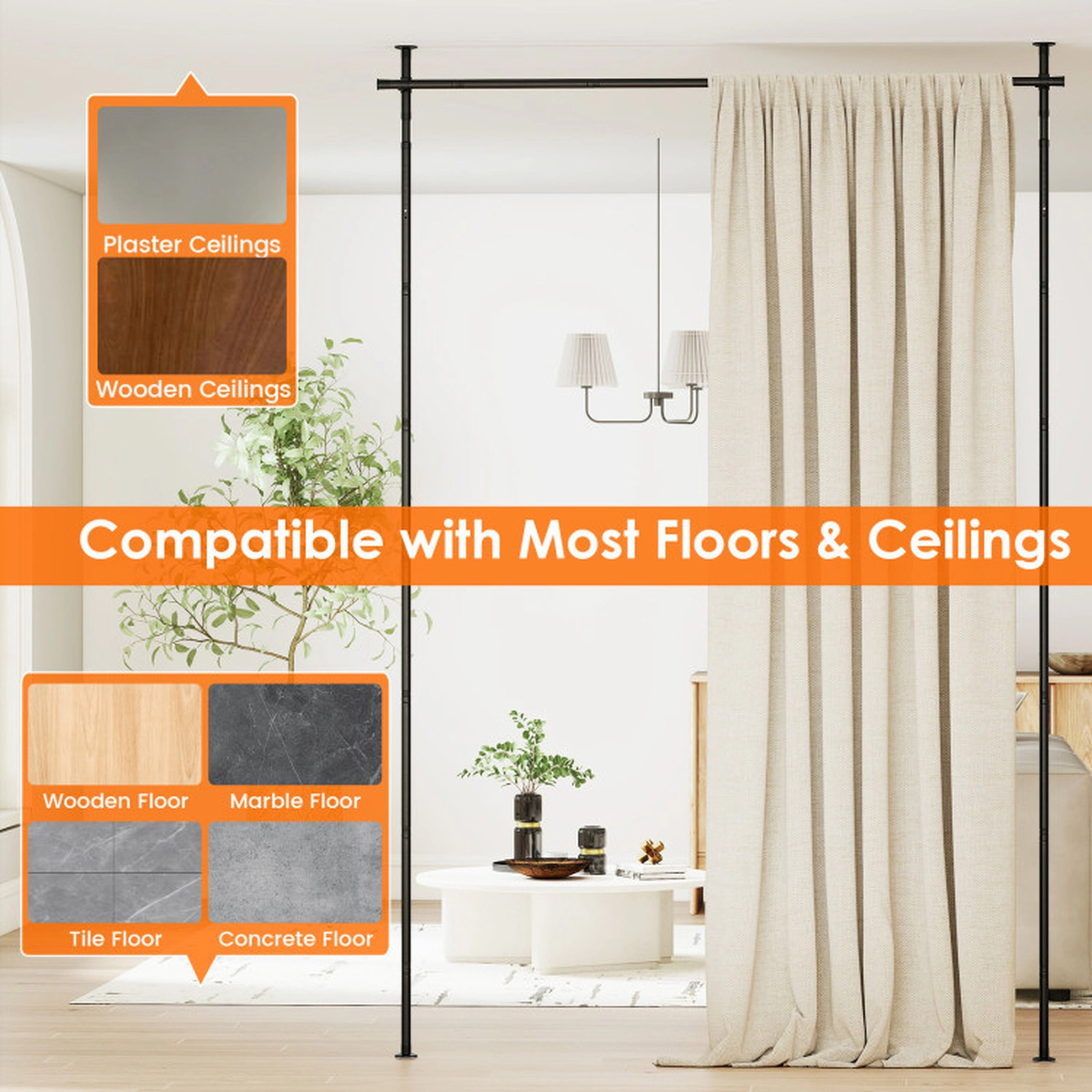SUGIFT Black 45-lb Capacity No-Drill Floor to Ceiling Tension Room Divider Curtain Rod Adjustable 4 to 10 ft