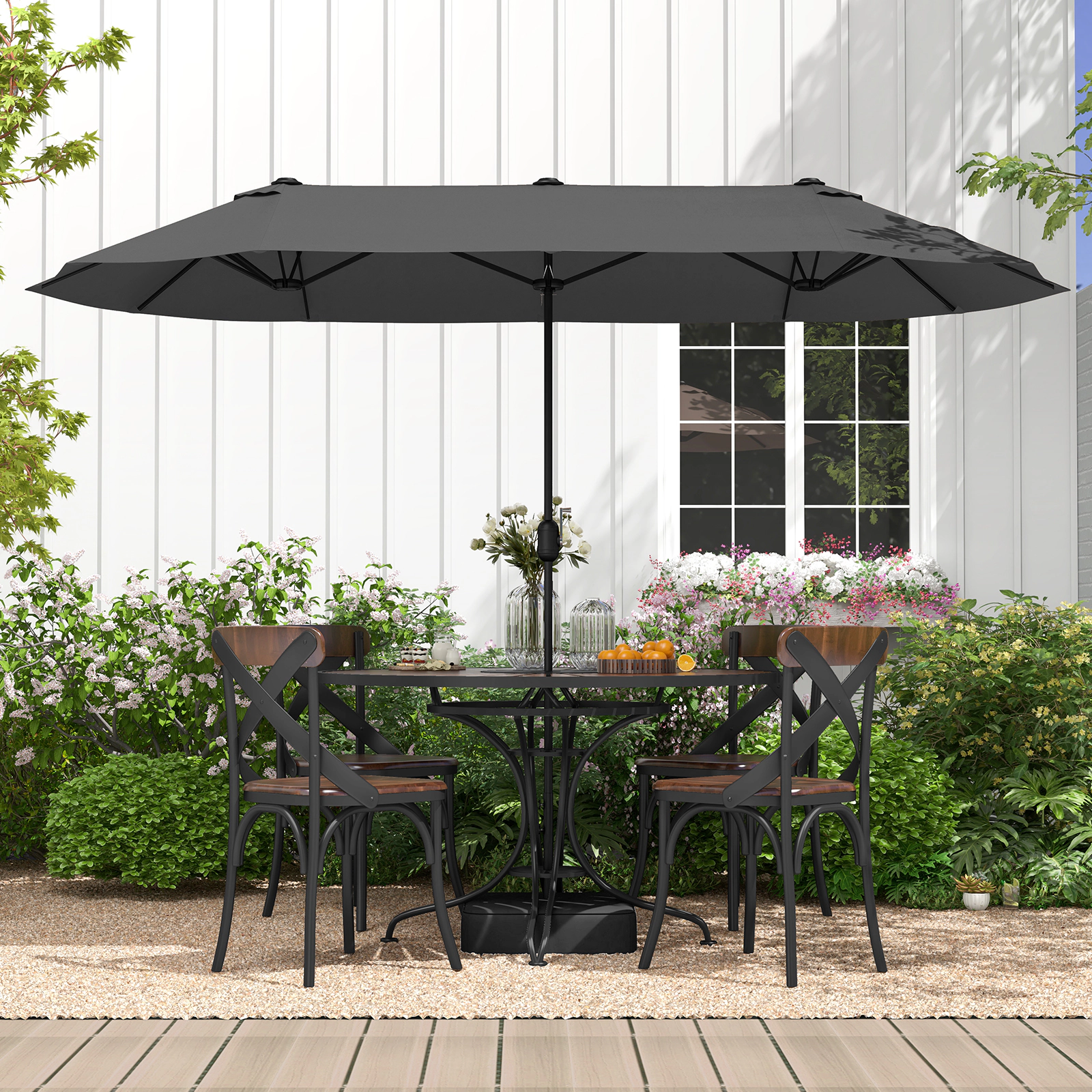 SUGIFT 13 ft Gray Rectangular Double-Sided Patio Umbrella with Crank Lift, 12 Ribs and Fillable Base