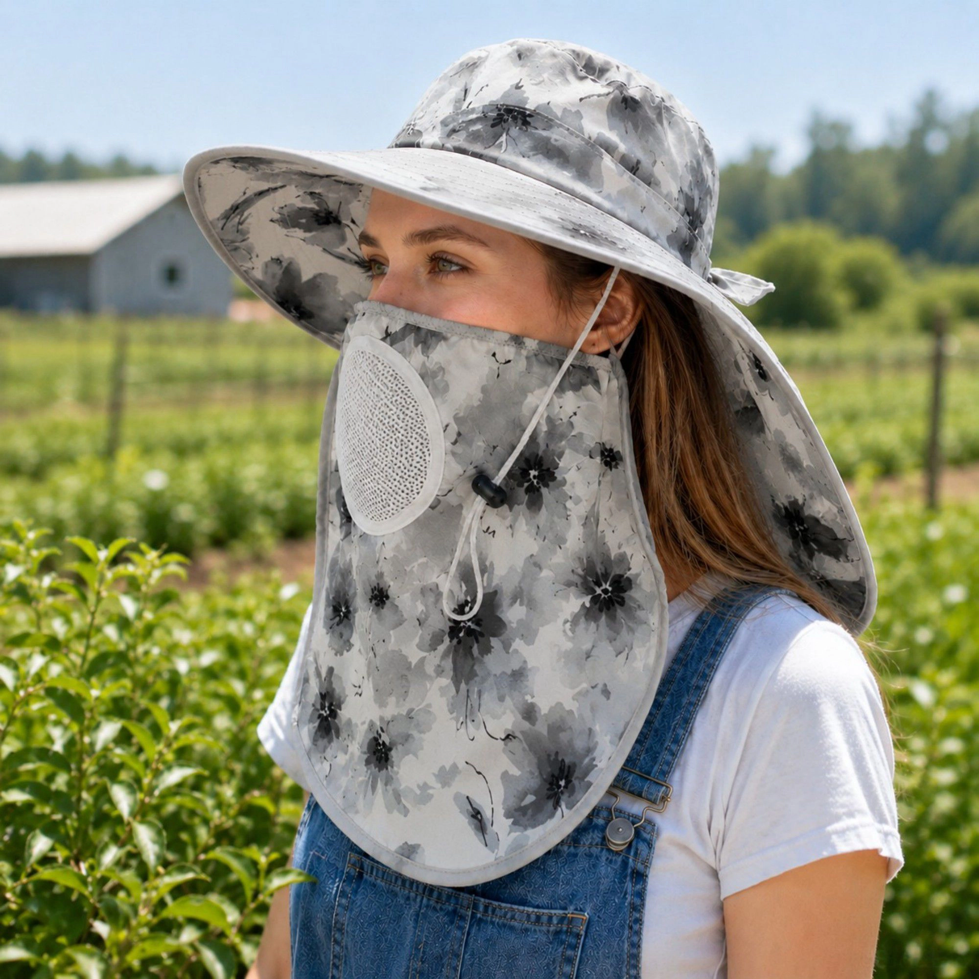 Alilang Women's Floral Wide Brim Sun Hat with Face Cover Neck Flap and Mesh Breathing Panel