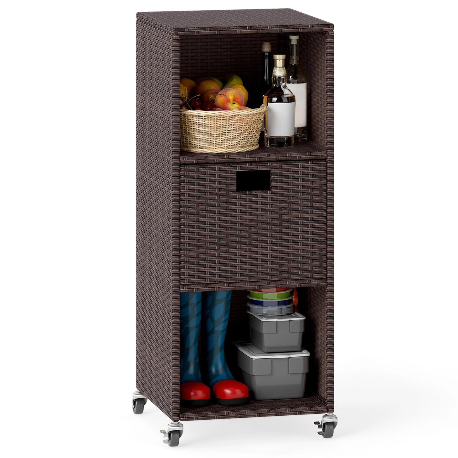 SUGIFT Hand-Woven PE Rattan Outdoor Storage Cabinet Drawer 3 Shelves 80-lb per Shelf 16 x 16 x 39.5-in Mix Brown