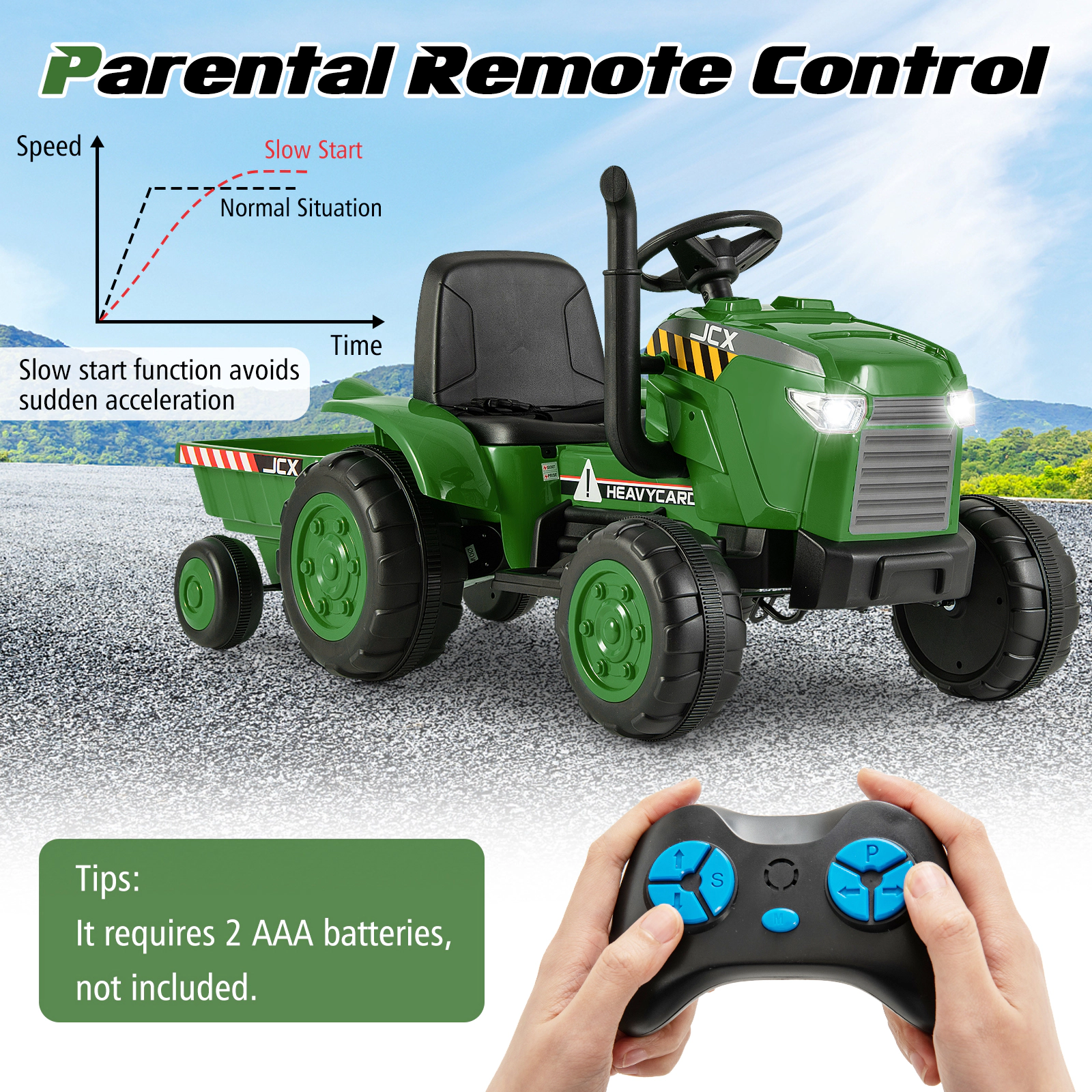 SUGIFT Dark Green Detachable Trailer Remote Control and Music Kids 12V Ride On Tractor
