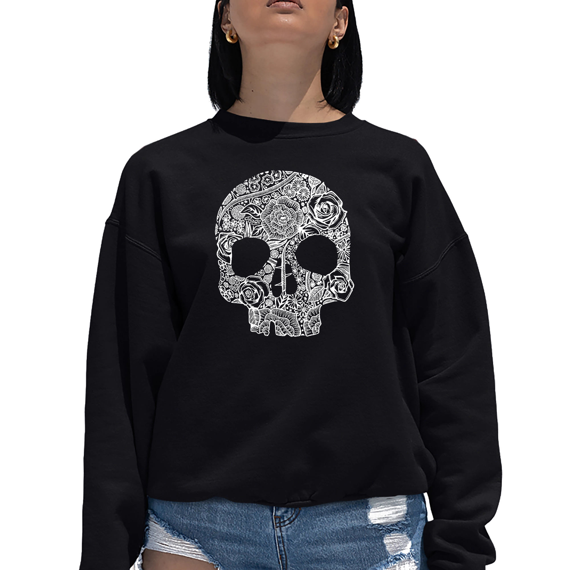 LA Pop Art Flower Skull - Women's Word Crewneck Sweatshirt