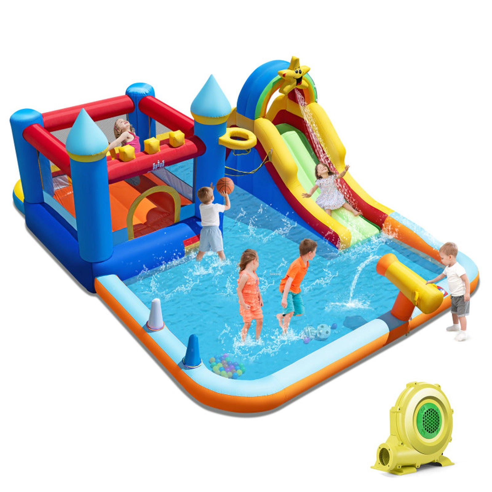 SUGIFT Inflatable Bouncy Castle Water Slide Park with Climbing Wall 50 Ocean Balls and 735W Blower