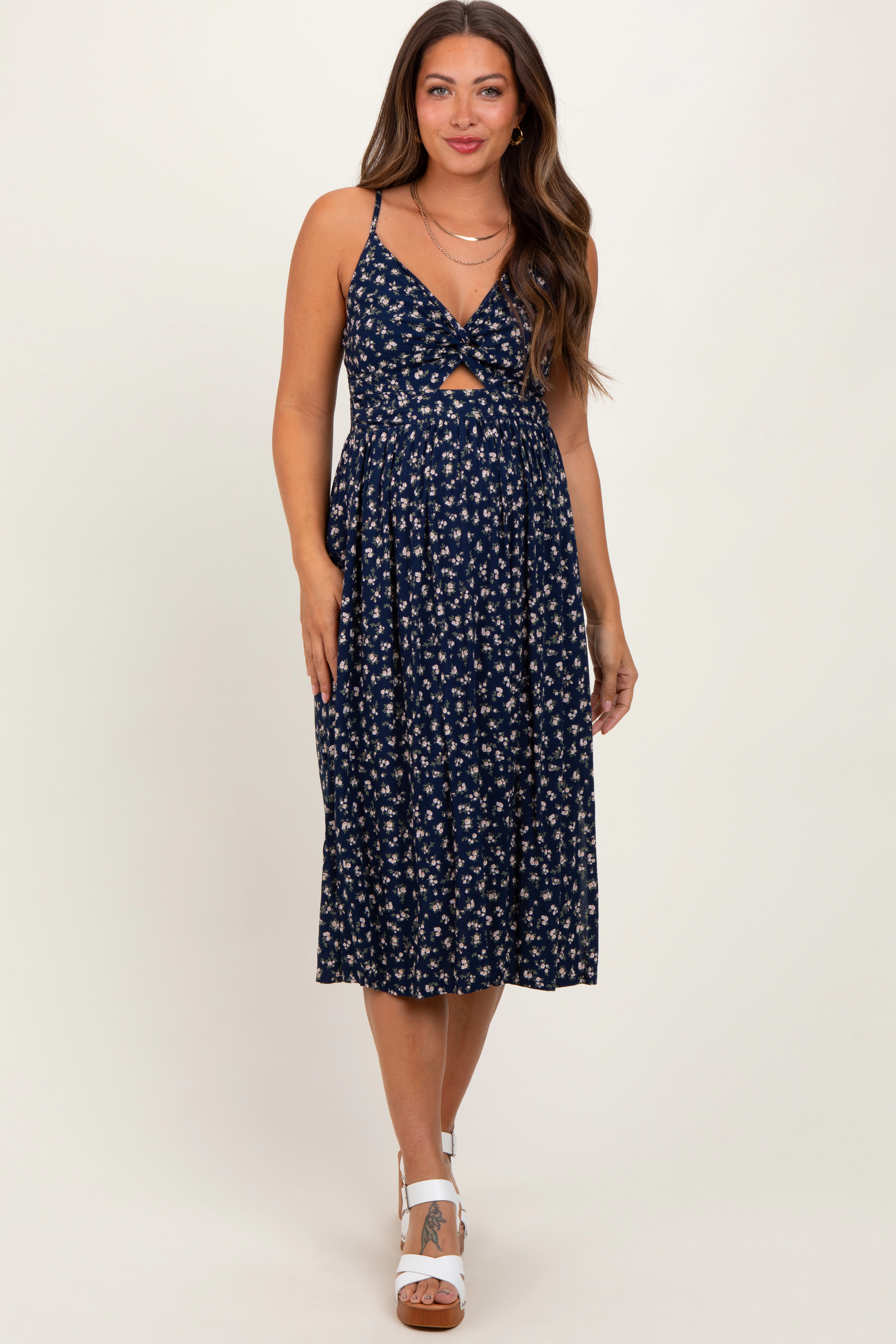 PinkBlush Womens Navy Floral Twist Front Cut Out Maternity Midi Dress