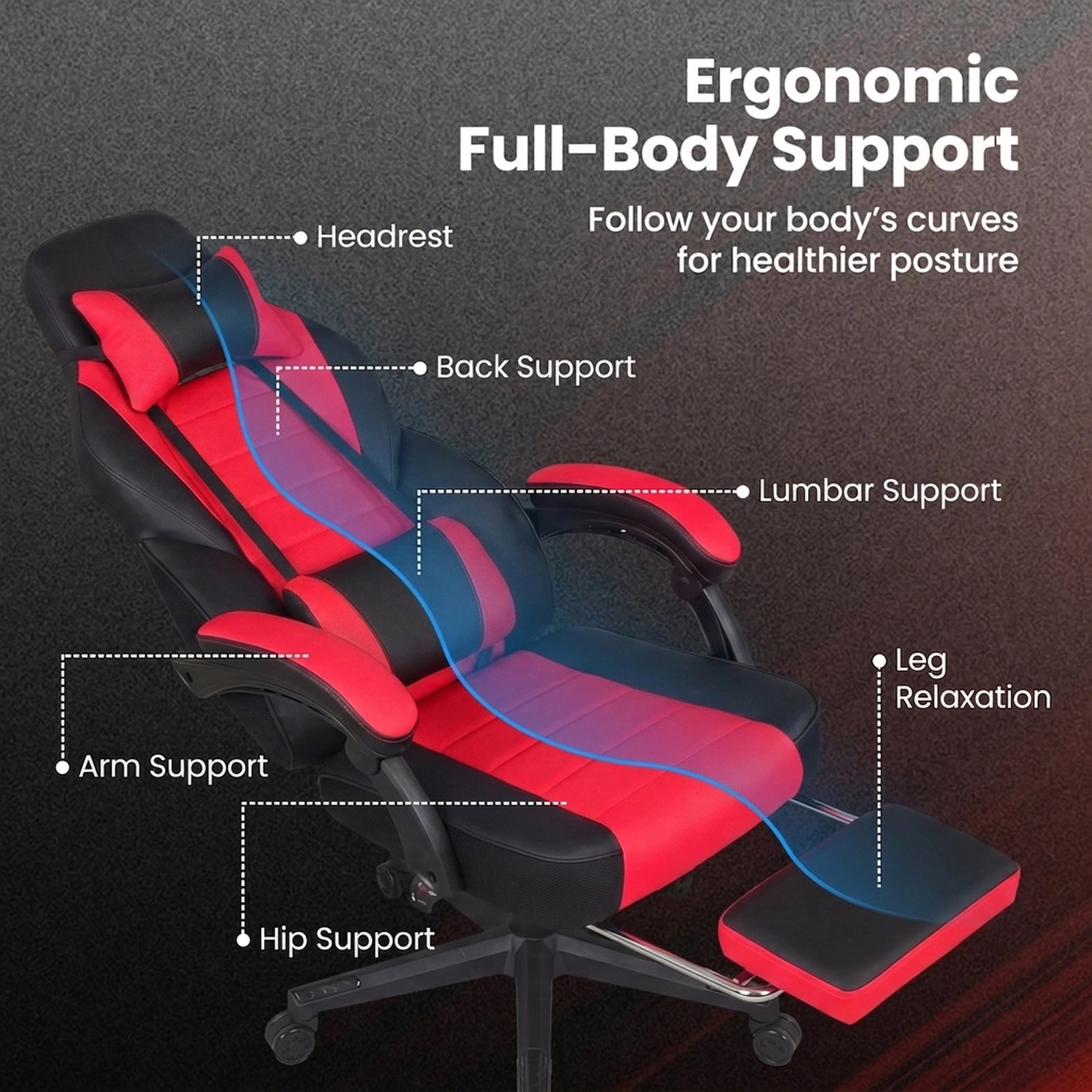 SUGIFT Red and Black Reclining Gaming Chair with 155° Recline, Footrest, Headrest and Lumbar Support