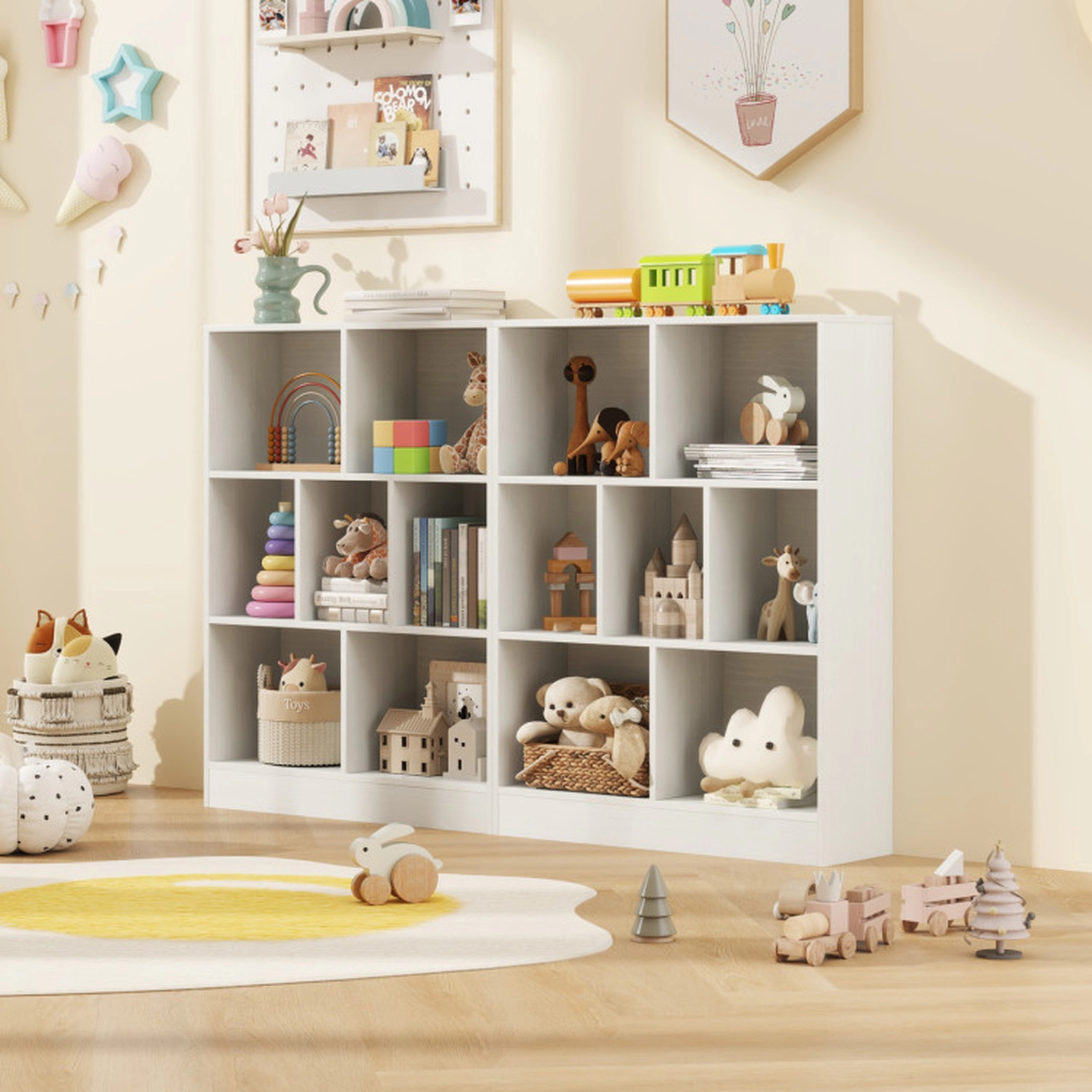 SUGIFT White 7-Cube 265-lb Capacity Freestanding Kids Bookshelf Toy Storage Organizer with 110-lb Top