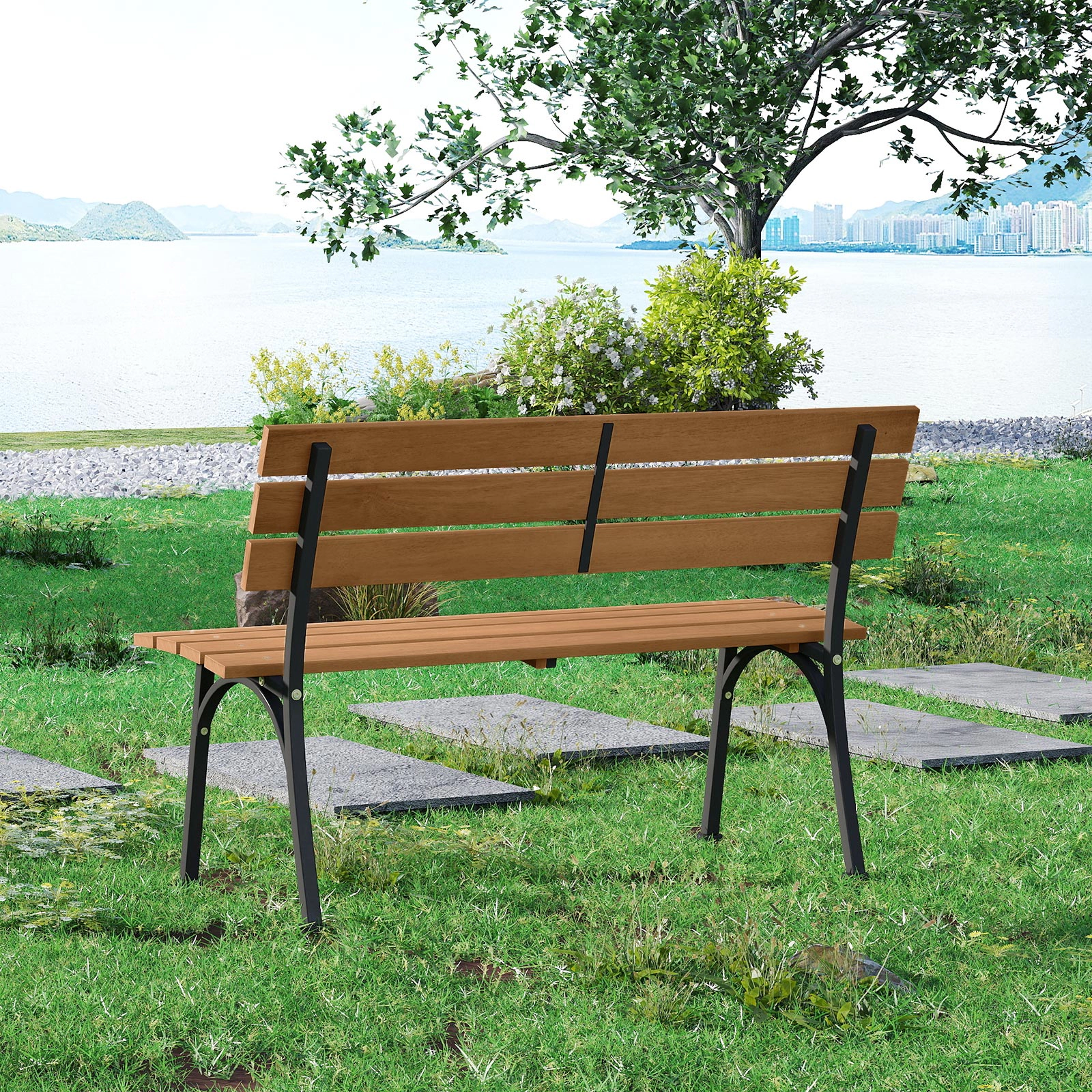 LJG 47 Inch Outdoor Acacia Wood Bench with Metal Frame and Slatted Seat
