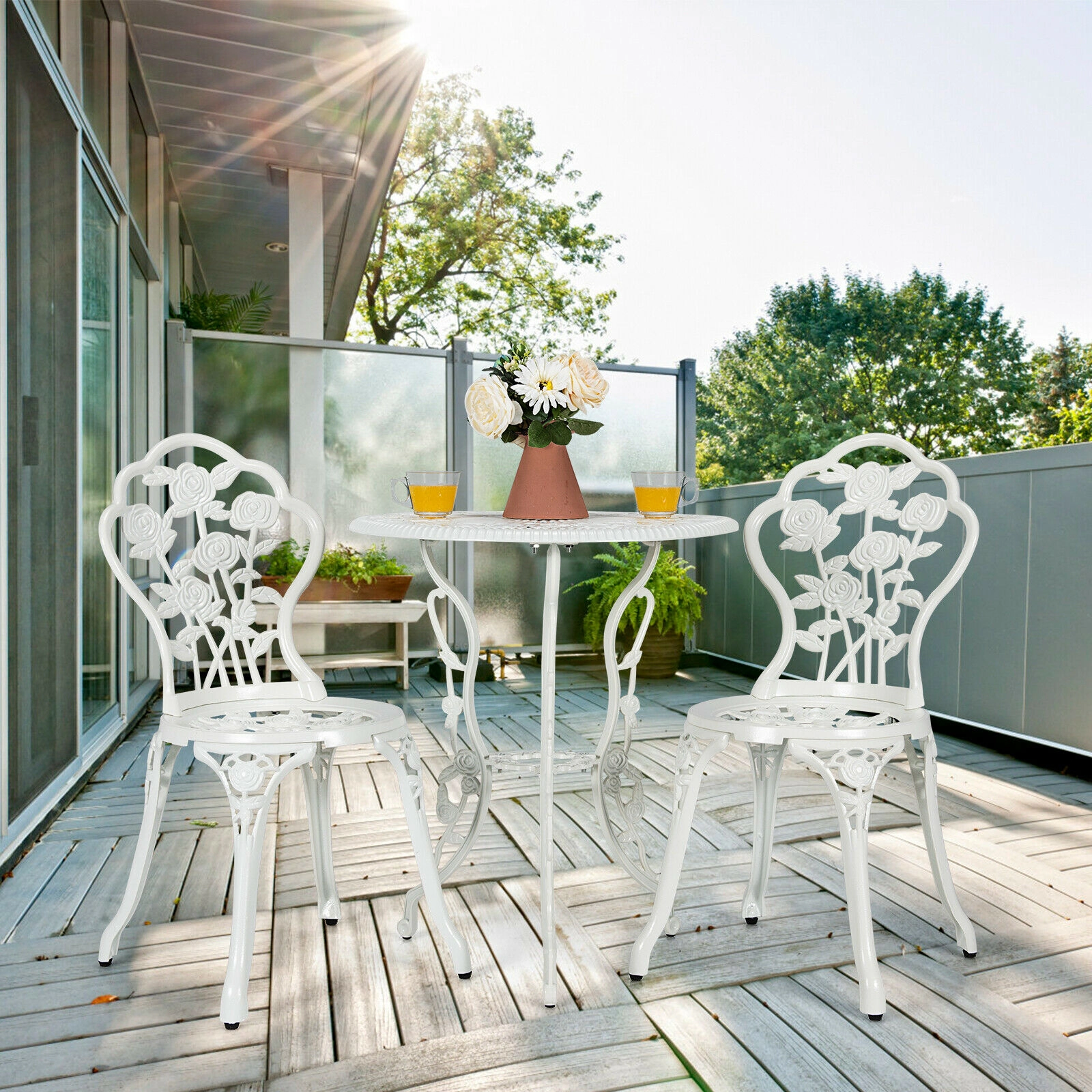SUGIFT 3-Piece White Cast Aluminum Patio Bistro Set with Rose Design, Round Table and 2 Chairs