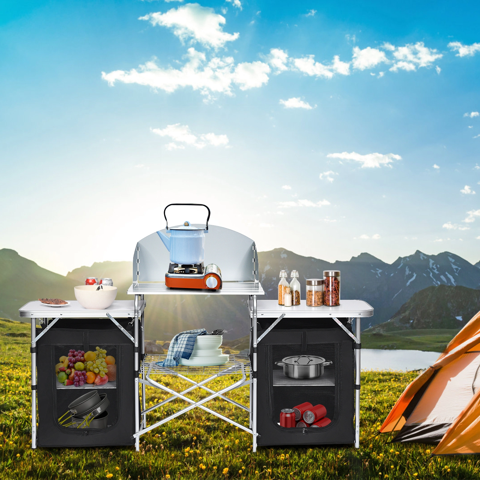 SUGIFT Folding Camping Grill Table with Storage Organizer 55-lb Capacity Steel Aluminum MDF Frame Black/Gray