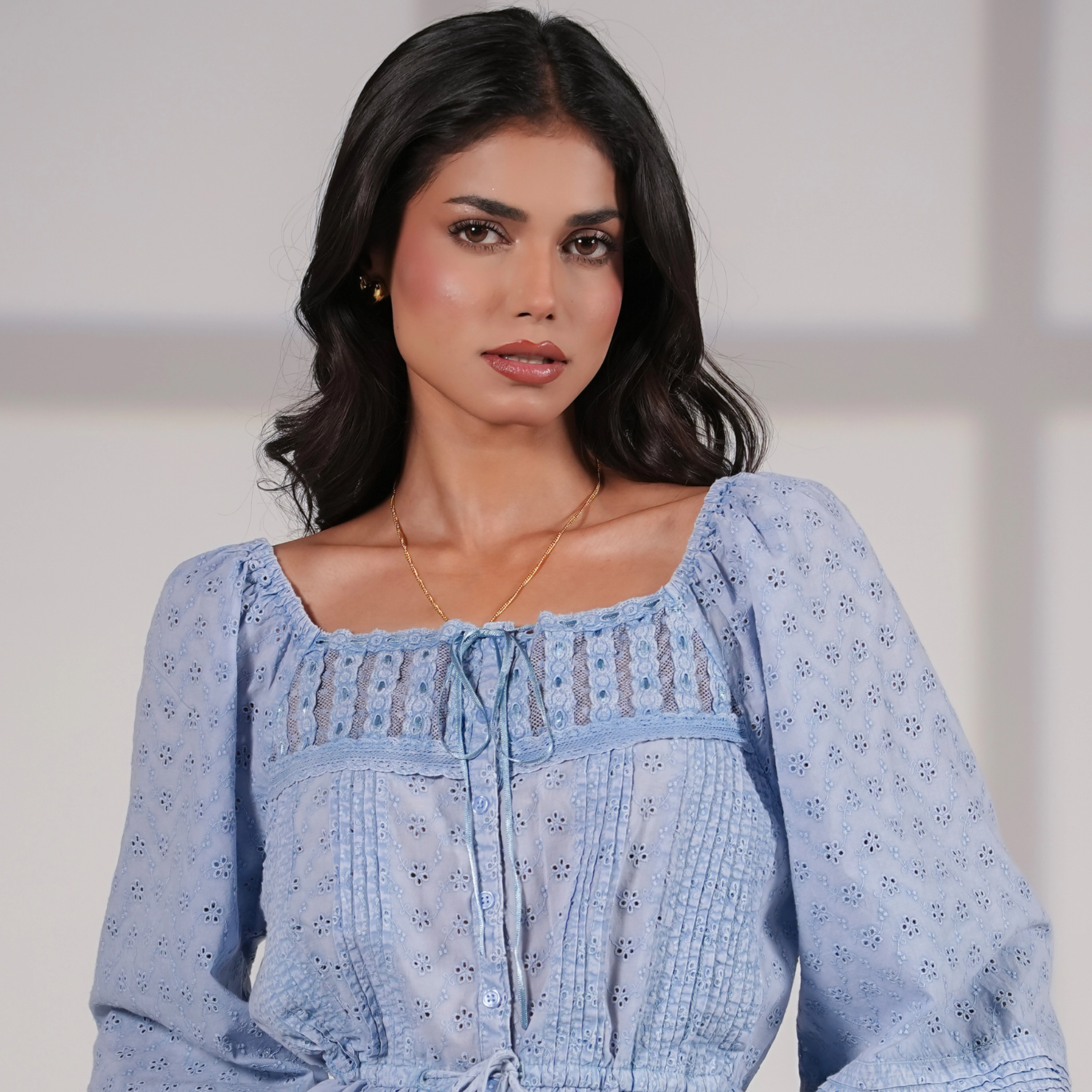 Rose & Nancy Women's Dee Blue Washed Embroidery Cotton Top