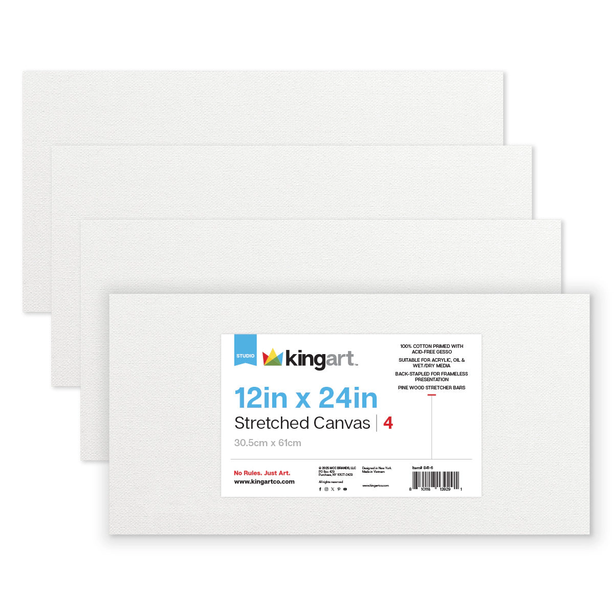 KINGART Stretched White Canvas 12" x 24" (4 Pack) - 100% Cotton, Gesso-Primed