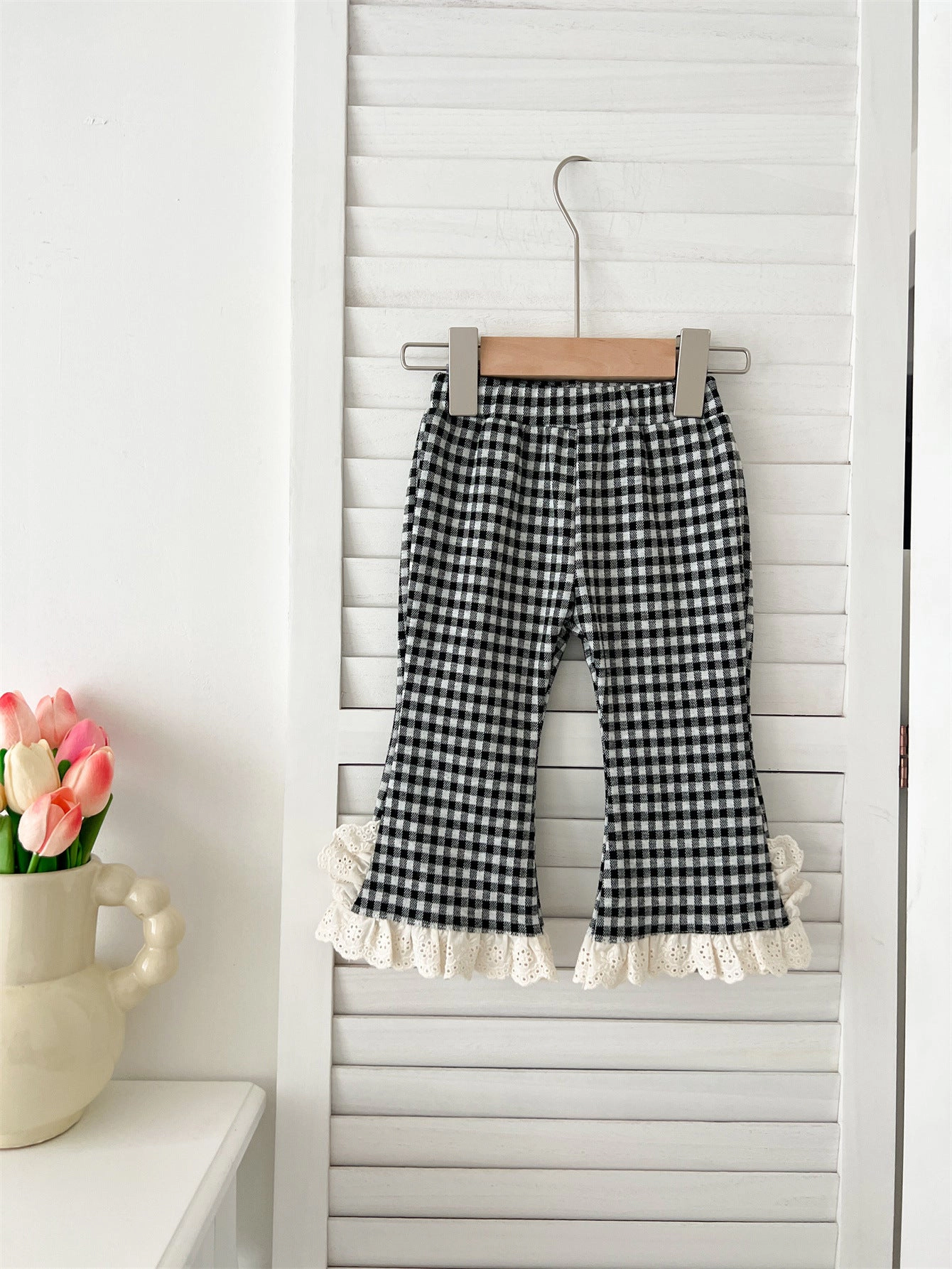 MyKids-USA Arrival Autumn Baby Kids Girls Cheap Plaid Trousers Pants with Lace Trim