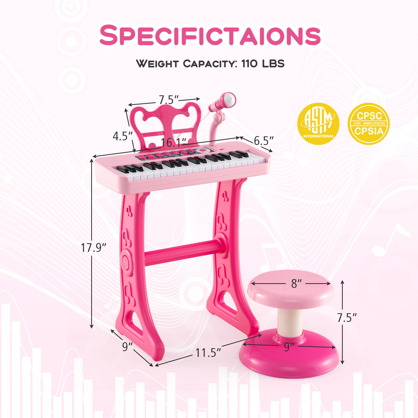 SUGIFT Pink 37-Key Kids Piano Keyboard with Adjustable Microphone Detachable Legs Stool and Music Stand