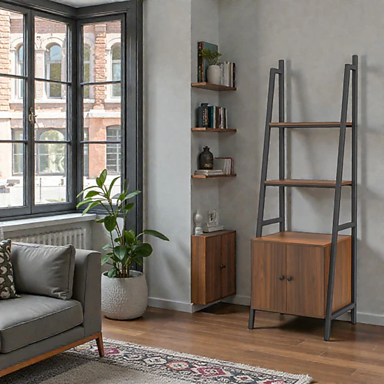 Hivvago Modern Rustic Ladder Shelf with 4 Tiers and Closed Cabinet Storage