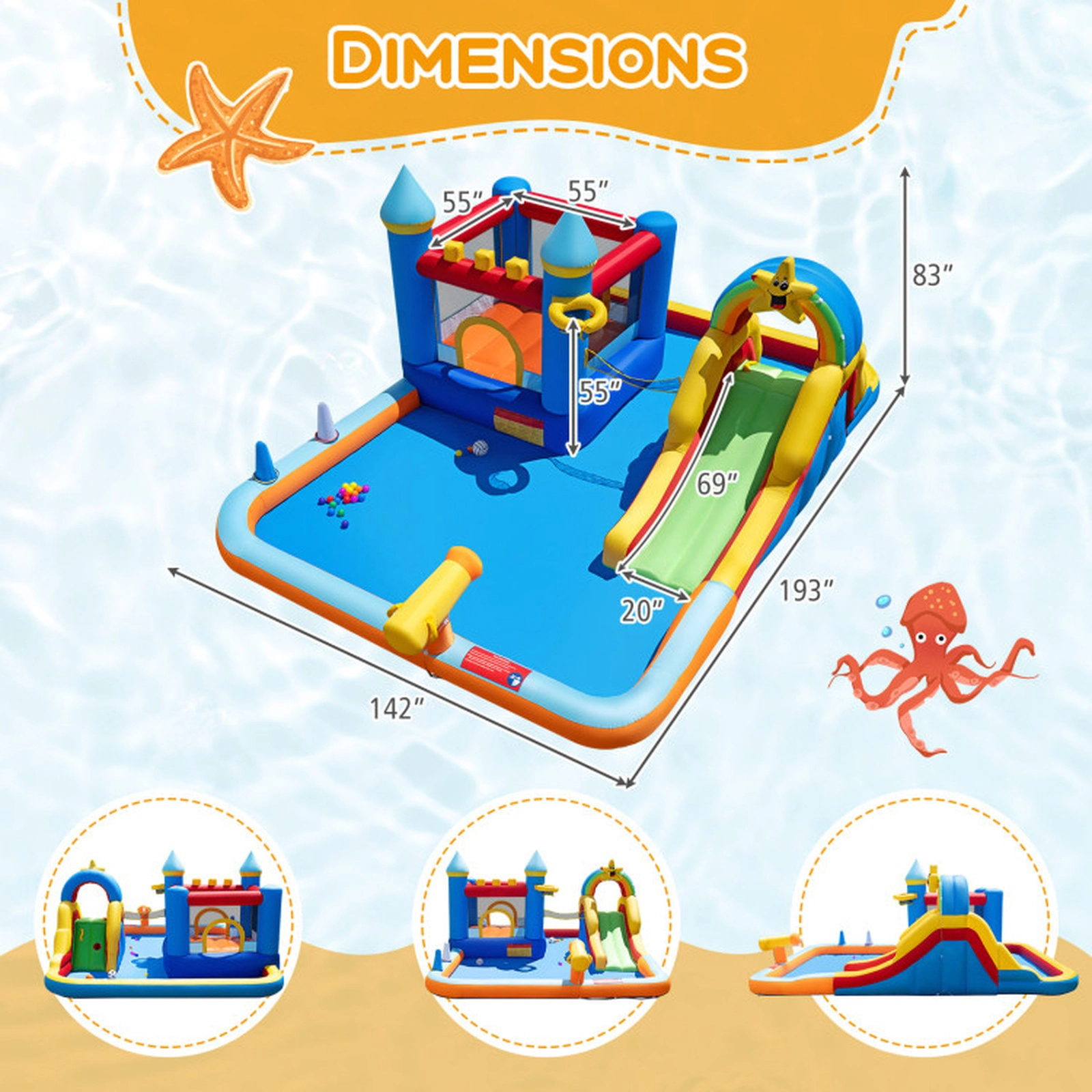 SUGIFT Inflatable Bouncy Castle Water Slide Park with Climbing Wall 50 Ocean Balls and 735W Blower