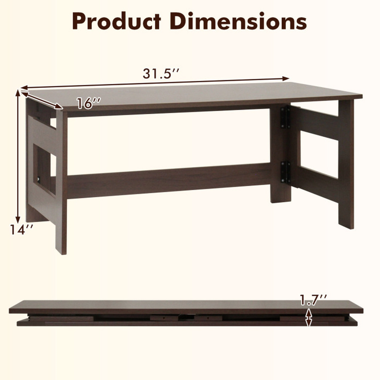 SUGIFT 31.5-in 14-in Tall Portable Low Floor Coffee Table with Foldable Legs and 1.7-in Folded Thickness