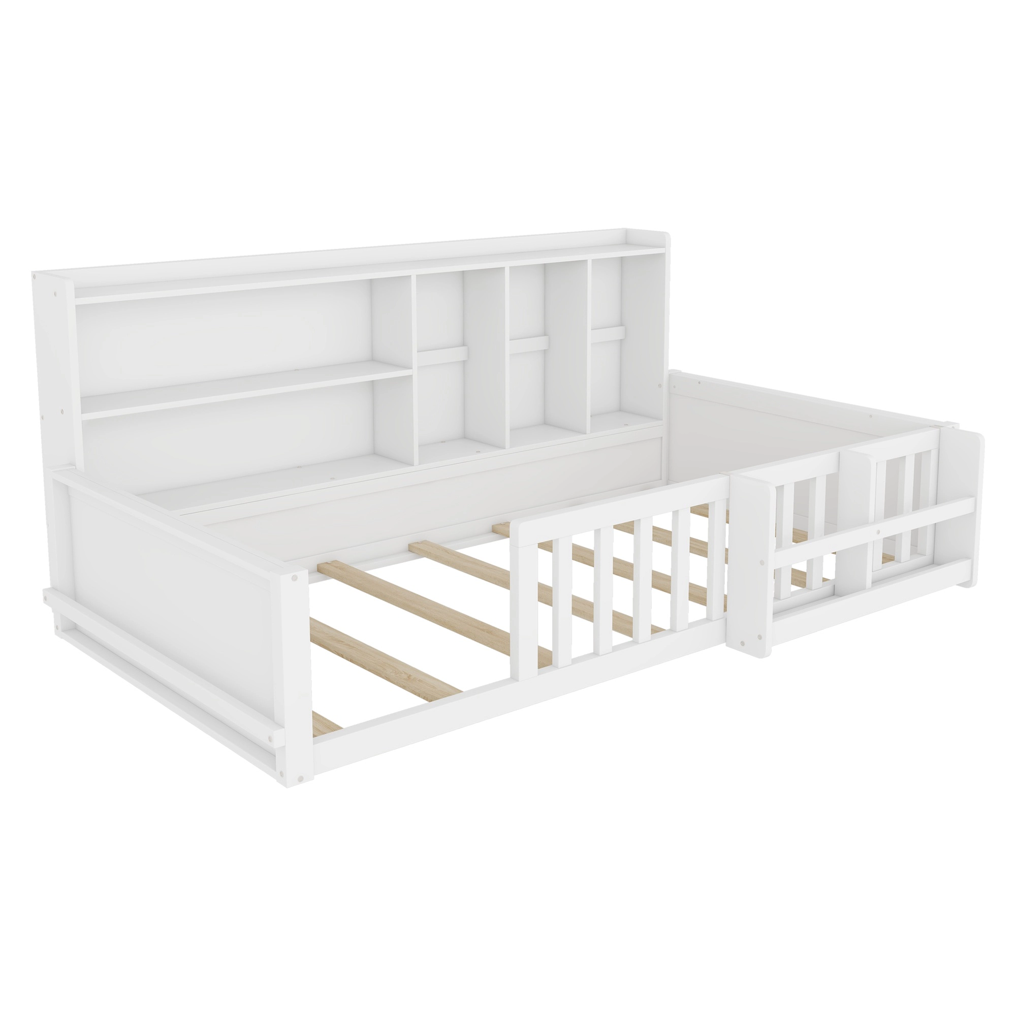 Flynama Twin Kids Wood Platform Bed, Guardrail Fence & Storage Shelves, Space Saving, White