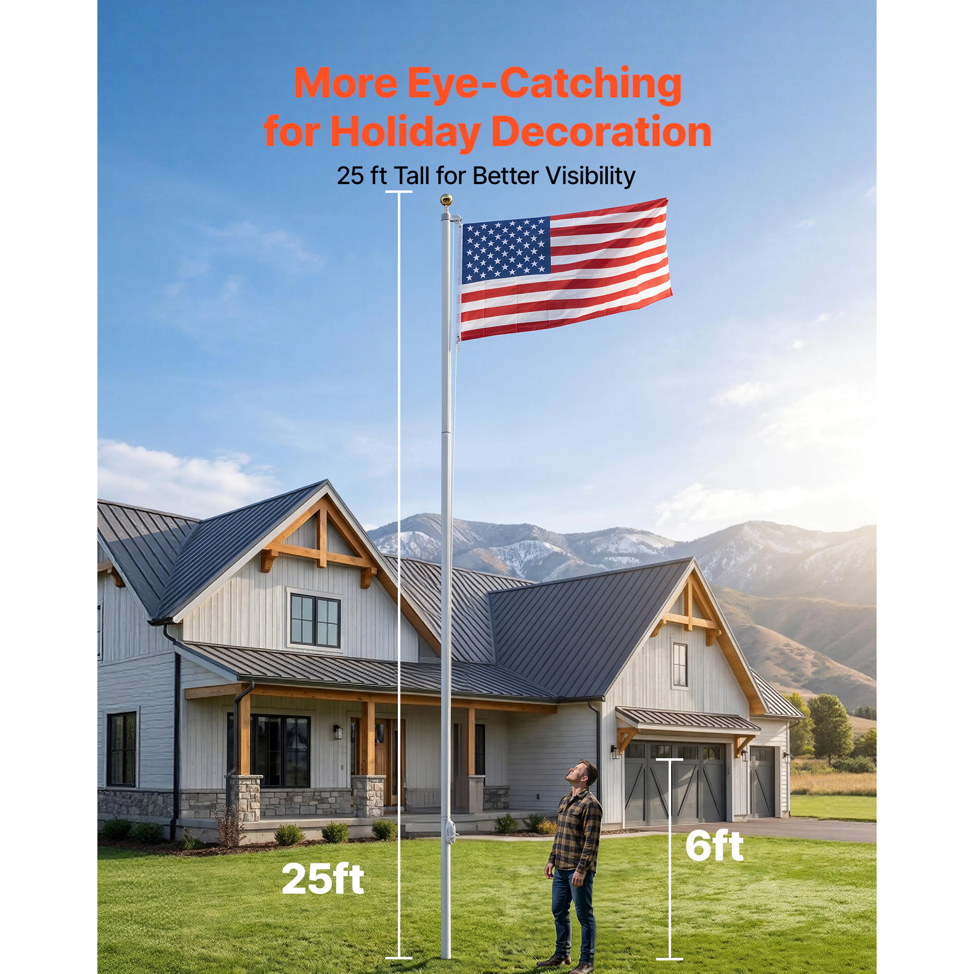 HONGGE 25 ft Sectional Flag Pole Kit, Heavy Duty Aluminum In-Ground Flagpole with 3x5 American Flag, Silver