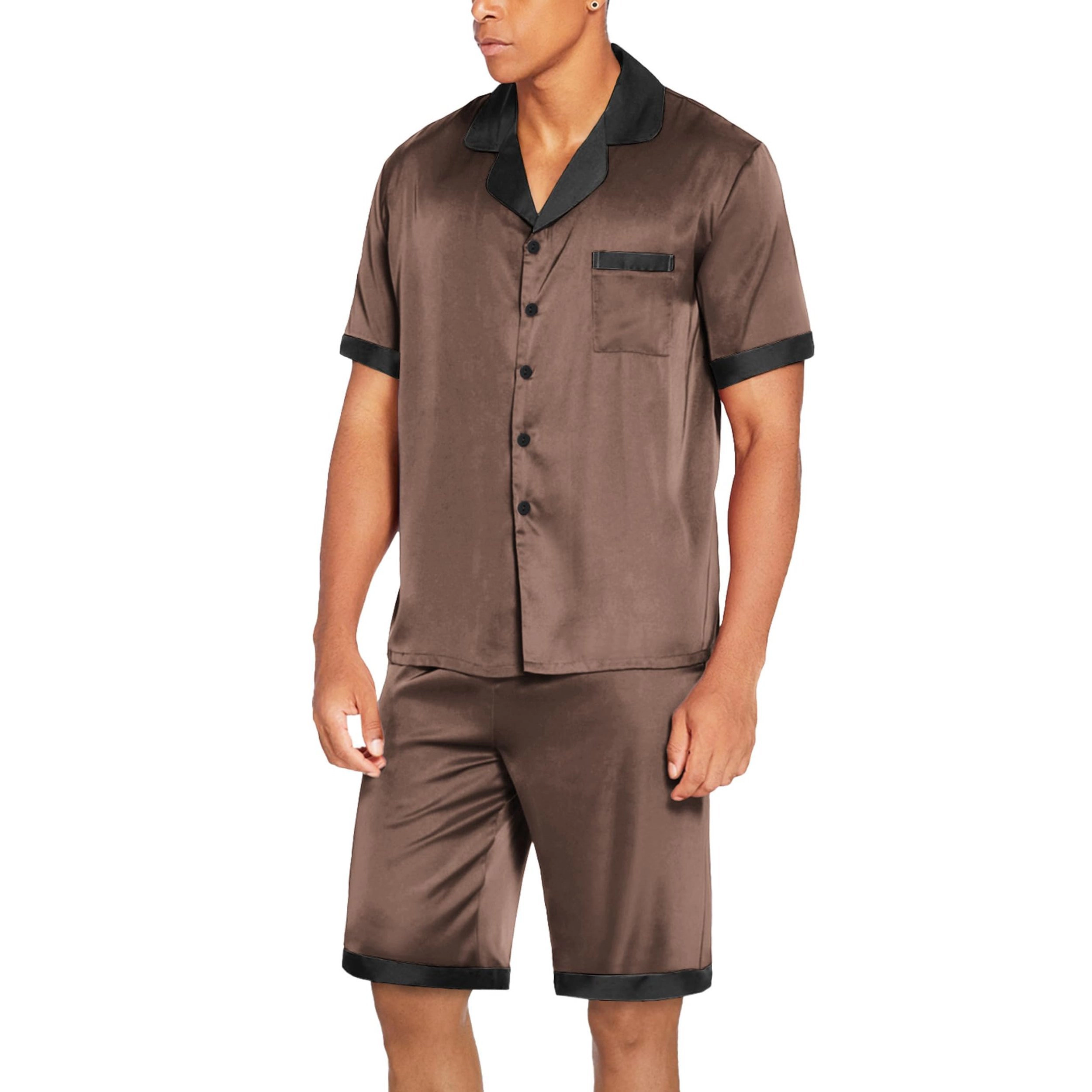 Ekouaer Men Satin Silk Pajamas Set Sleepwear Shorts Summer Loungewear Two Piece Button Down
