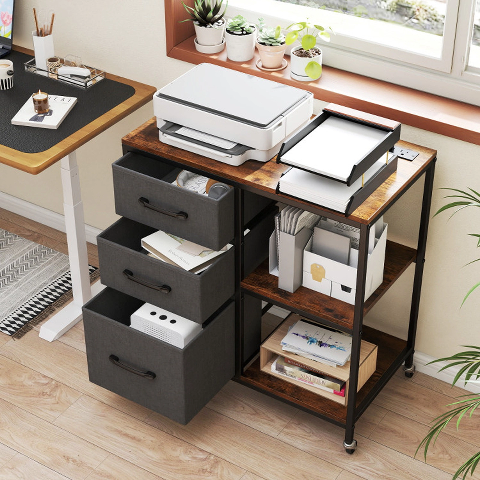 SUGIFT 3-Drawer Mobile File Cabinet with Charging Station and Open Shelves 44-lb Countertop Rustic Brown and Gray