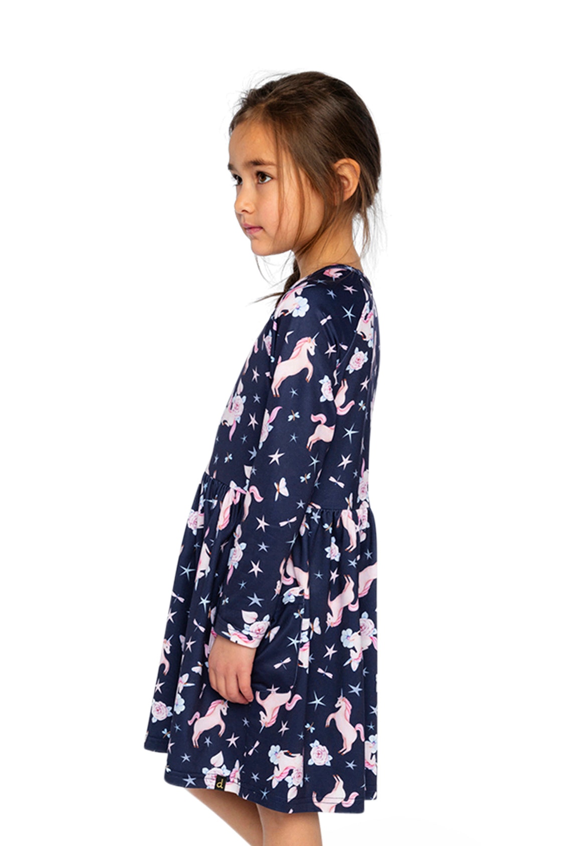 Deux par Girls Unicorn Print Long Sleeve Empire-Waist Dress