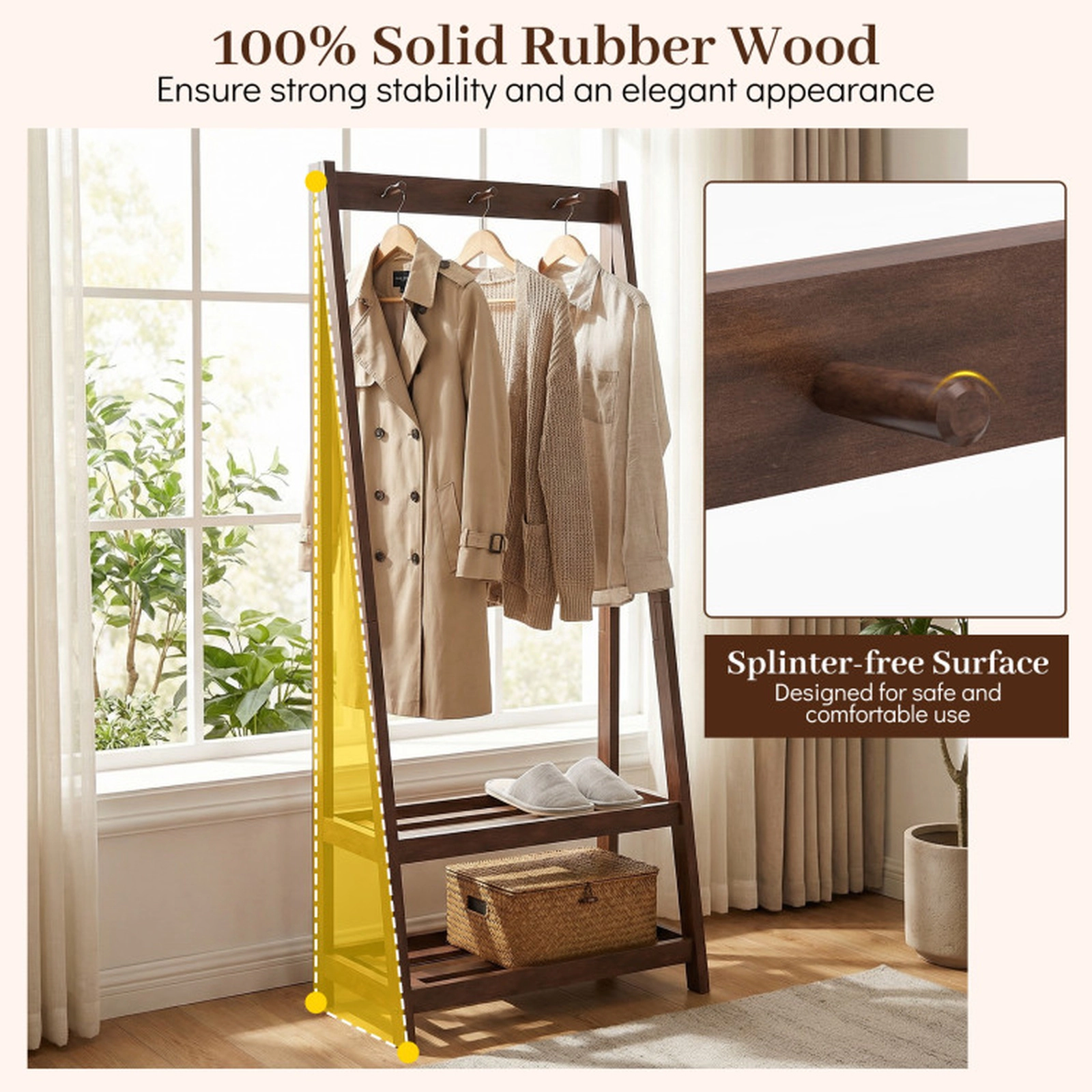 SUGIFT Walnut 55-in Tall Freestanding Solid Rubber Wood Clothes Rack with 3 Hooks and 2 Storage Shelves