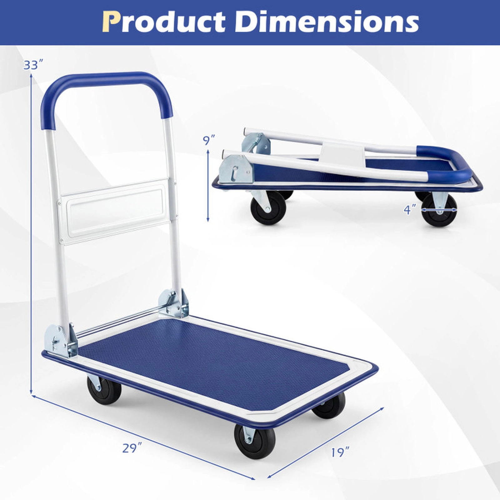 SUGIFT Folding Non-Slip Platform Steel Frame Rolling Push Cart 29-in x 19-in x 33-in 330-lb Capacity 4 Wheels Blue