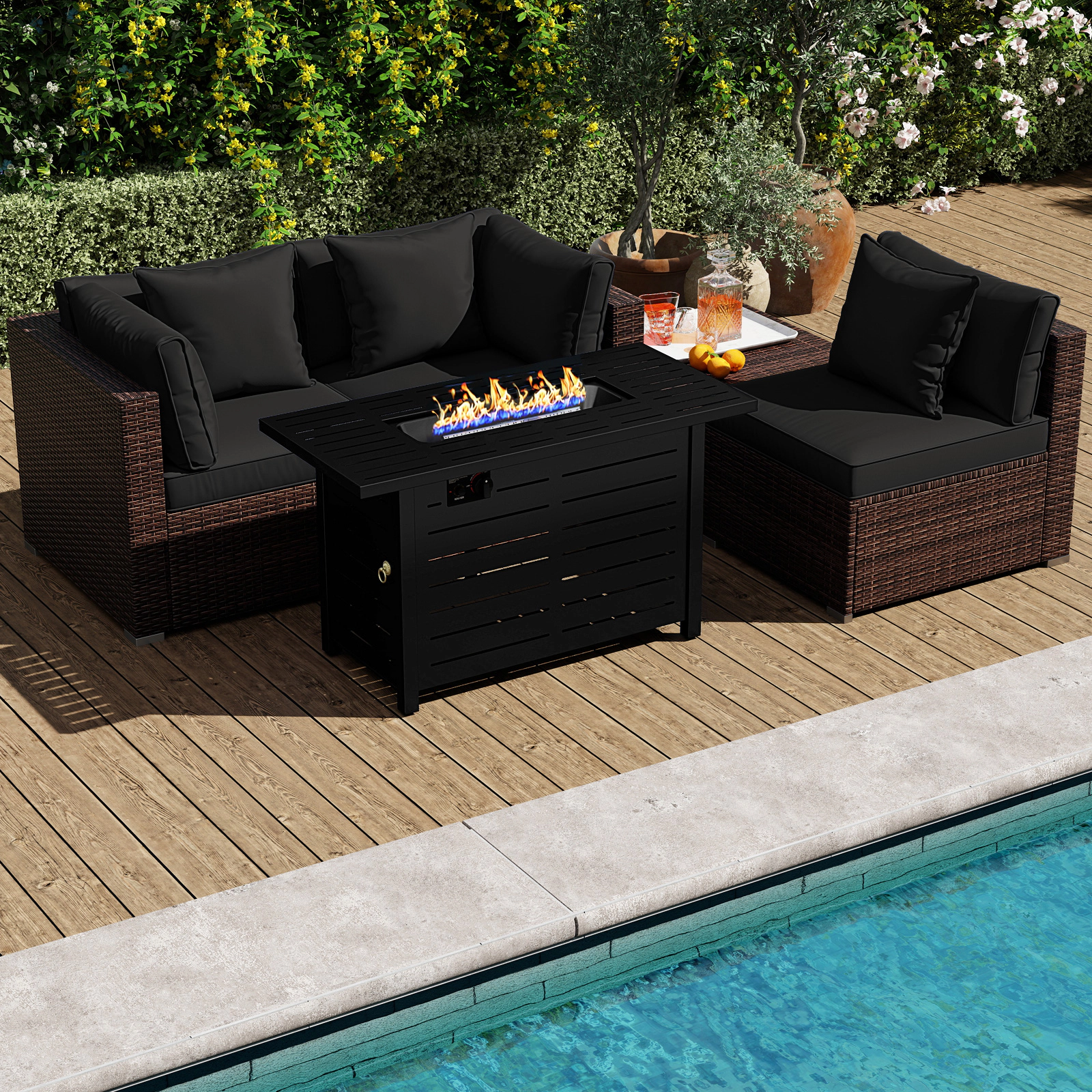 LJG Heavy-duty Frame Rattan Sofa Set with 60000 BTU Firepit Table