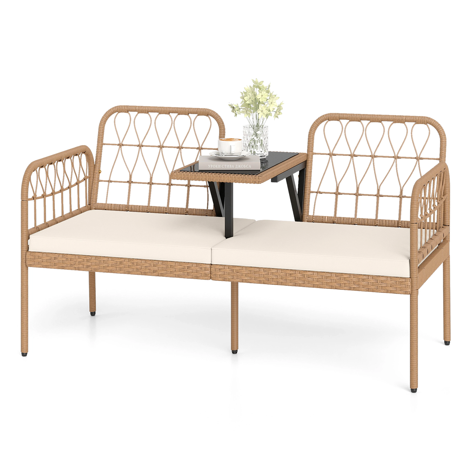 SUGIFT 54-Inch Natural PE Rattan Loveseat with Built-In Glass Table