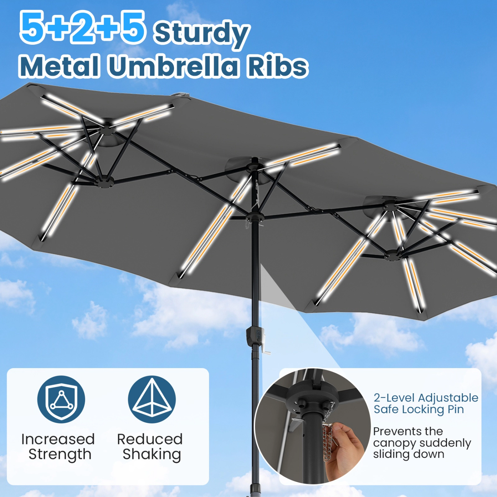 SUGIFT 13-ft Gray Rectangular Double-Sided Patio Umbrella with Solar LEDs and Weighted Base