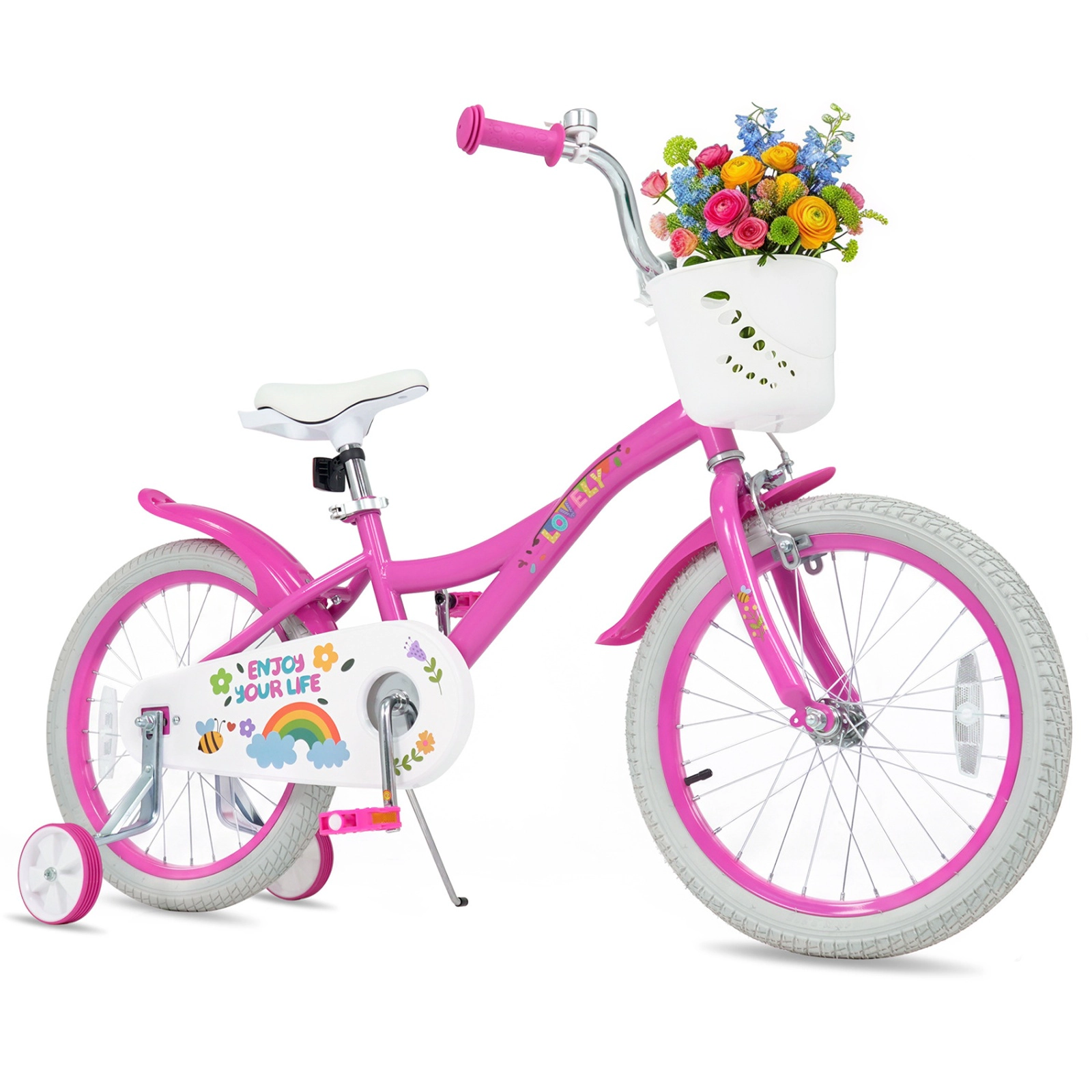 SUGIFT Adjustable 18-in Girls Bike Basket, Training Wheels & Reflectors 132-lb Seat Capacity Ages 4-8 Spring Party Pink