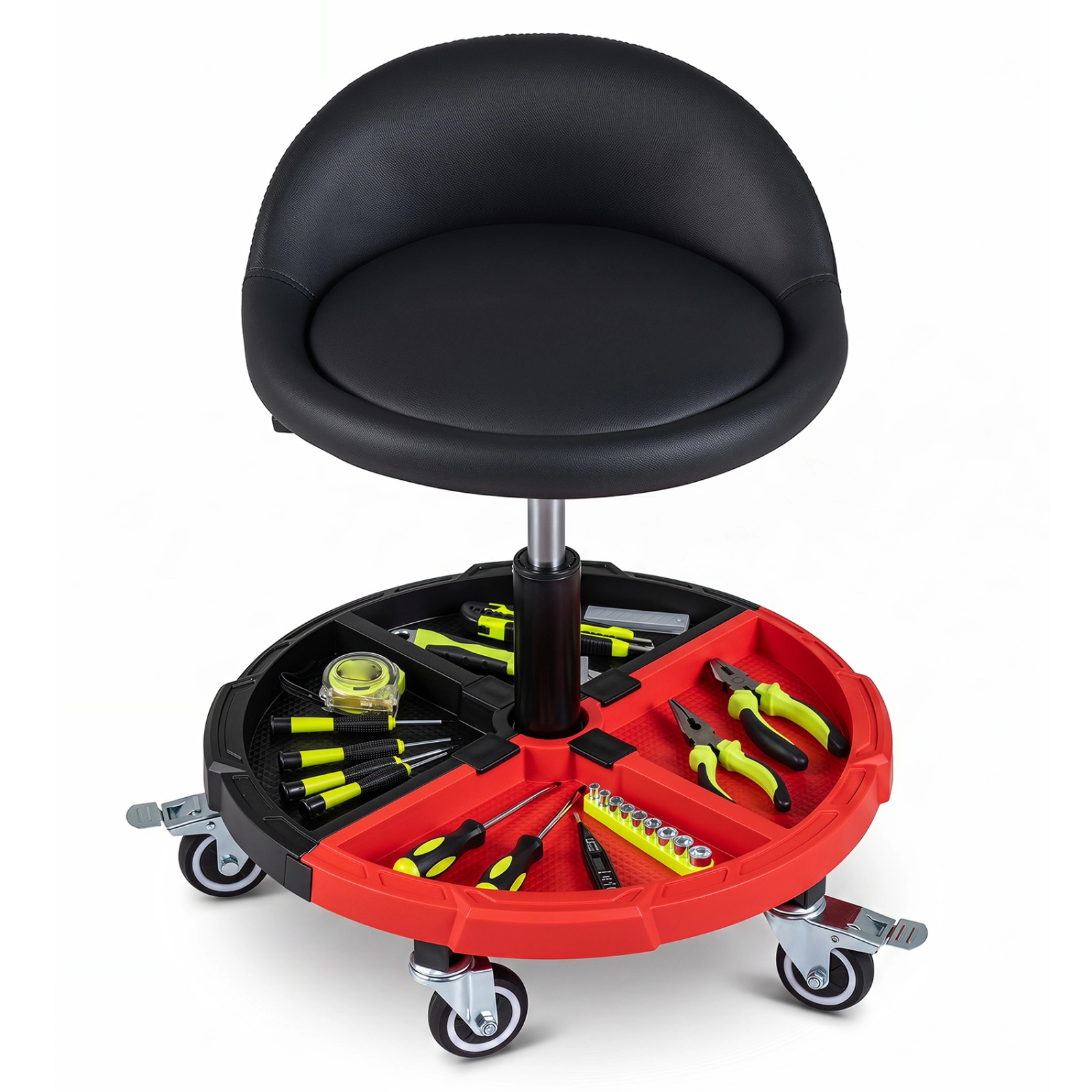SUGIFT Adjustable 360° Rolling Mechanic Stool Seat with Backrest and Tool Storage Tray 330-lb Capacity Black + Red