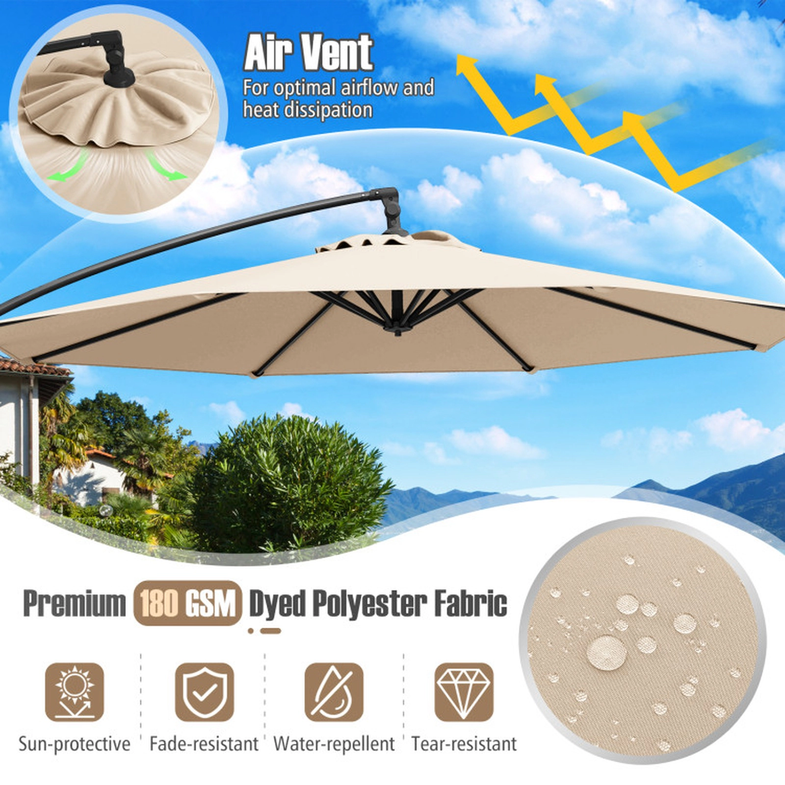 SUGIFT 10-ft Beige Offset Cantilever Patio Umbrella with 220-lb Fillable Base Sealed Hinge and Silent Crank