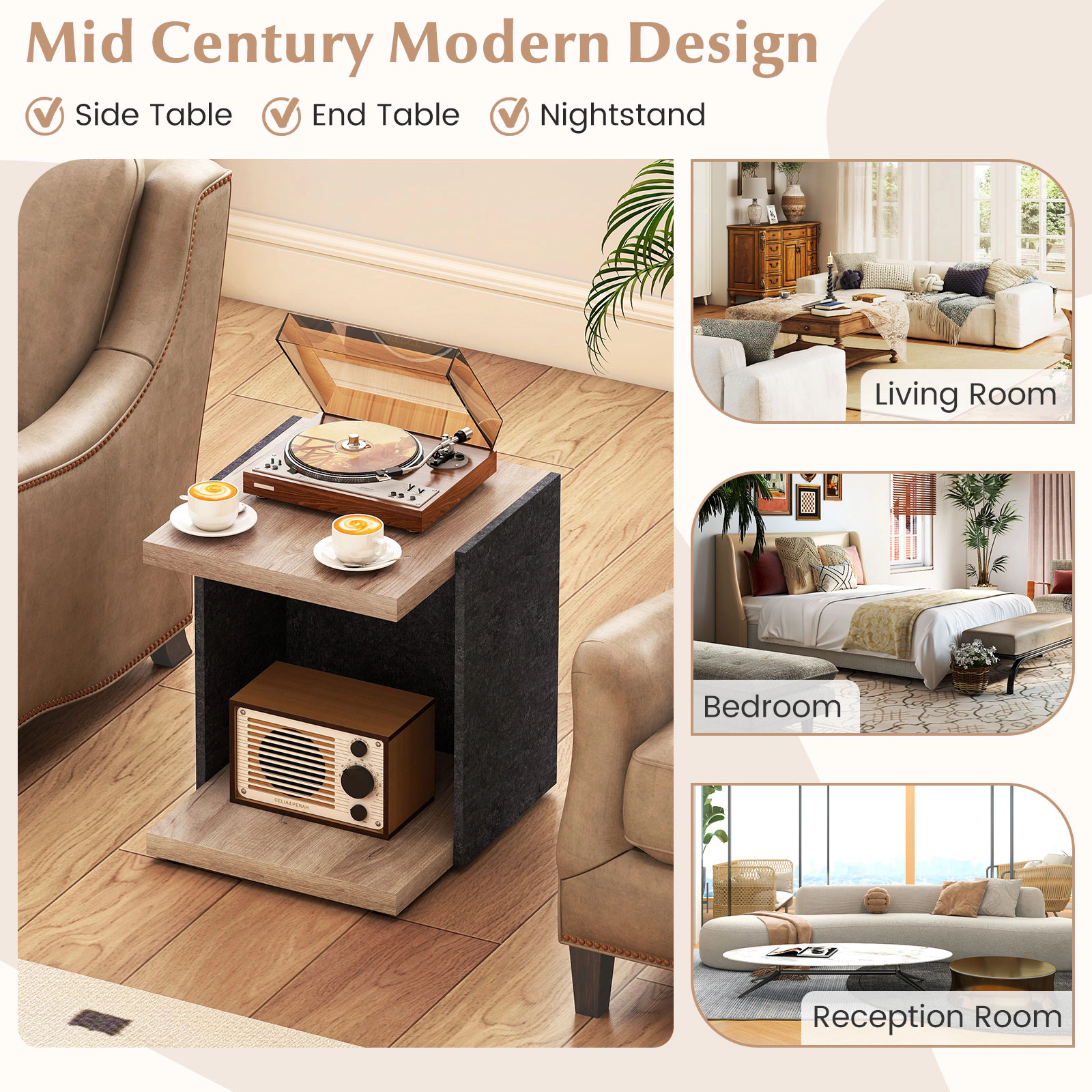 Glintex 2-Tier Sofa Side Table with Thickened Board and Raised Metal Legs, Oak