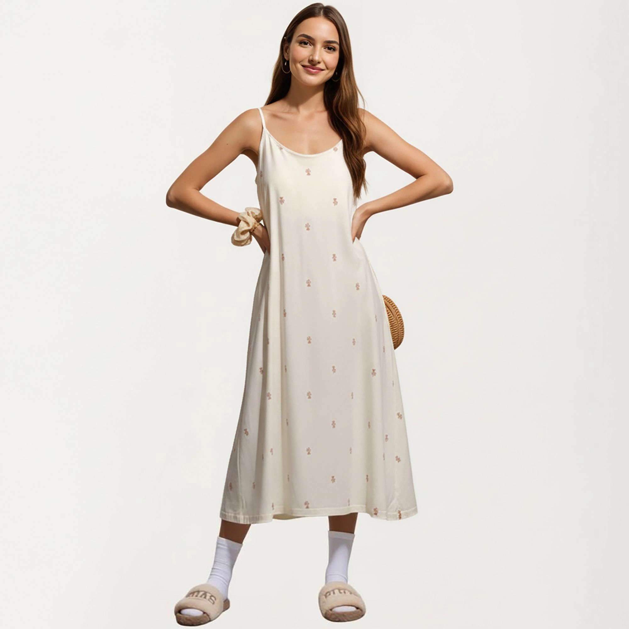 Anna-Kaci Women's Sleeveless Pajama Dress with Spaghetti Straps Loose Fit Midi Sleepwear Nightgown Allover Print