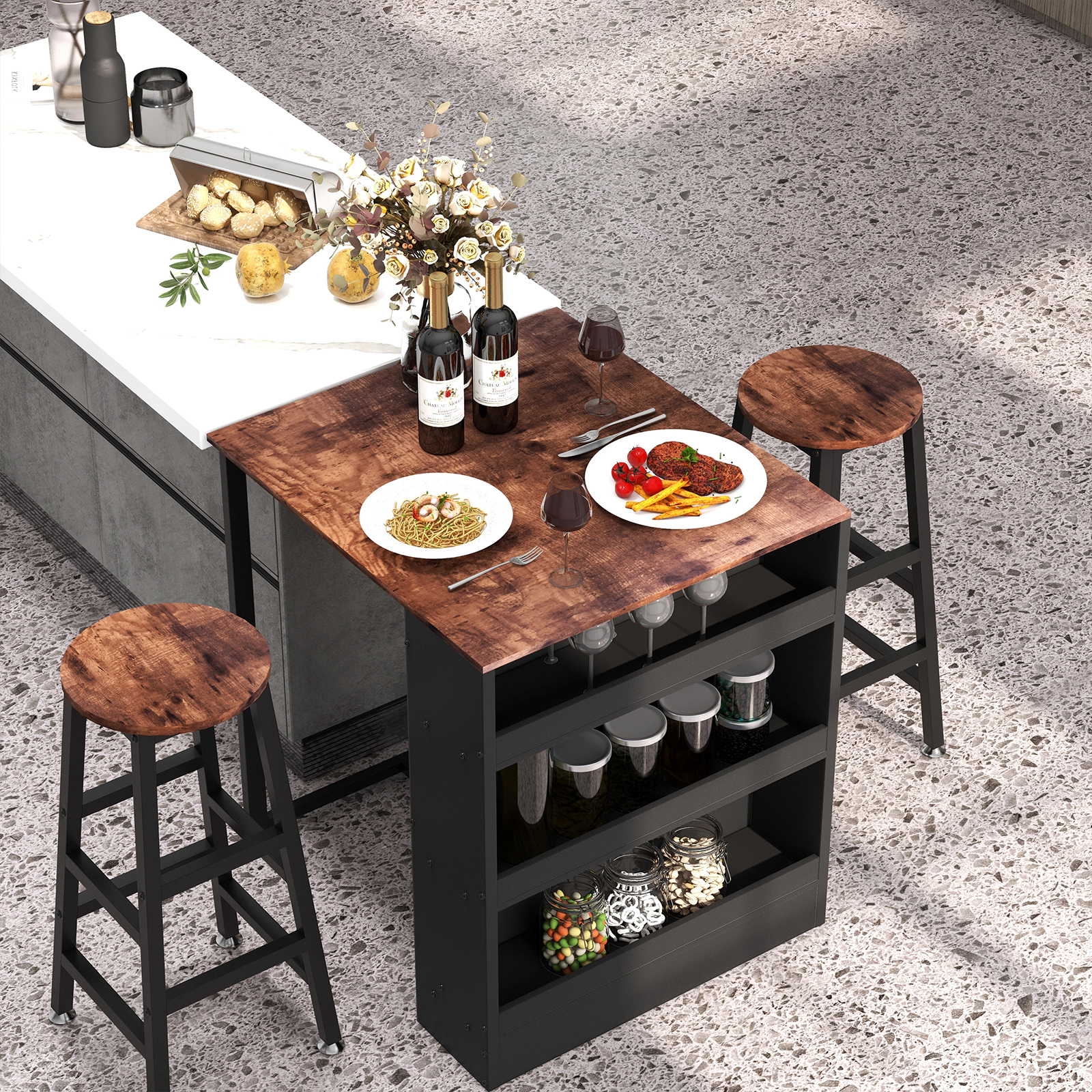 SUGIFT 3-Tier Storage Bar Dining Set with Table and Chairs 132-lb Table Capacity 64-lb Net Weight As Picture Shows