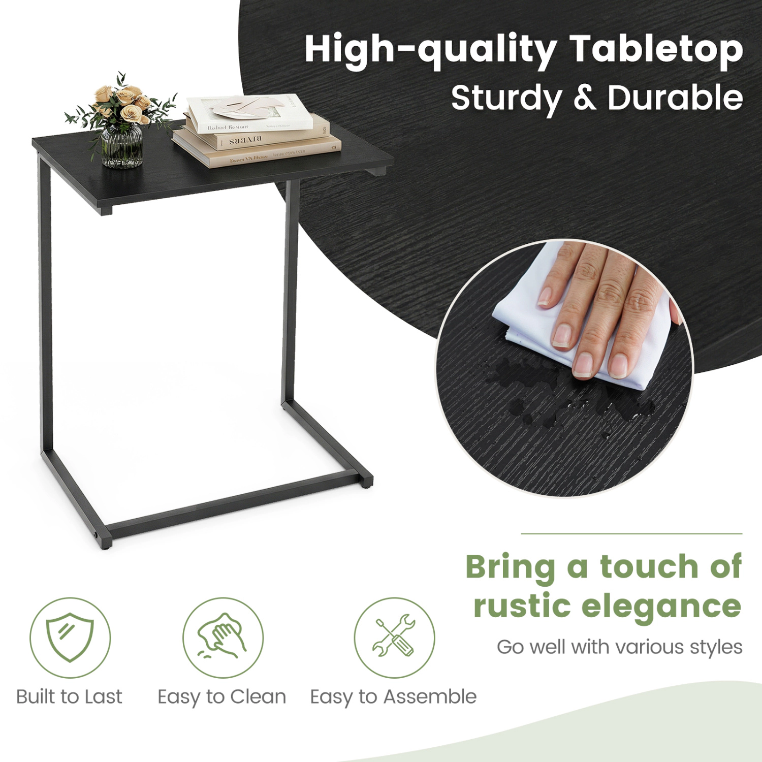 Glintex Slim C-Shaped Snack End Table with Wood Grain Top and Metal Frame, Black