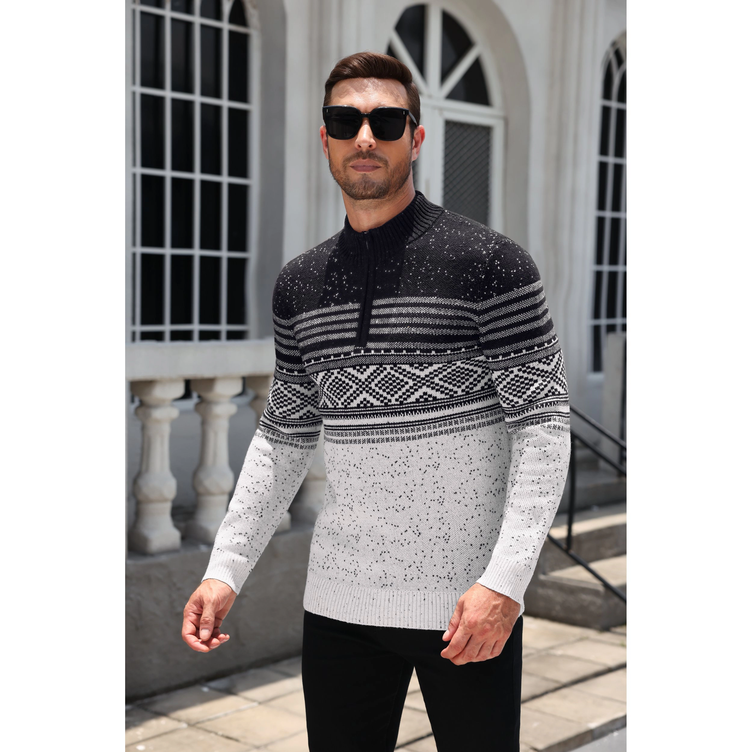 COOFANDY Men's Quarter Zip Knit Fair Isle Pattern Pullover