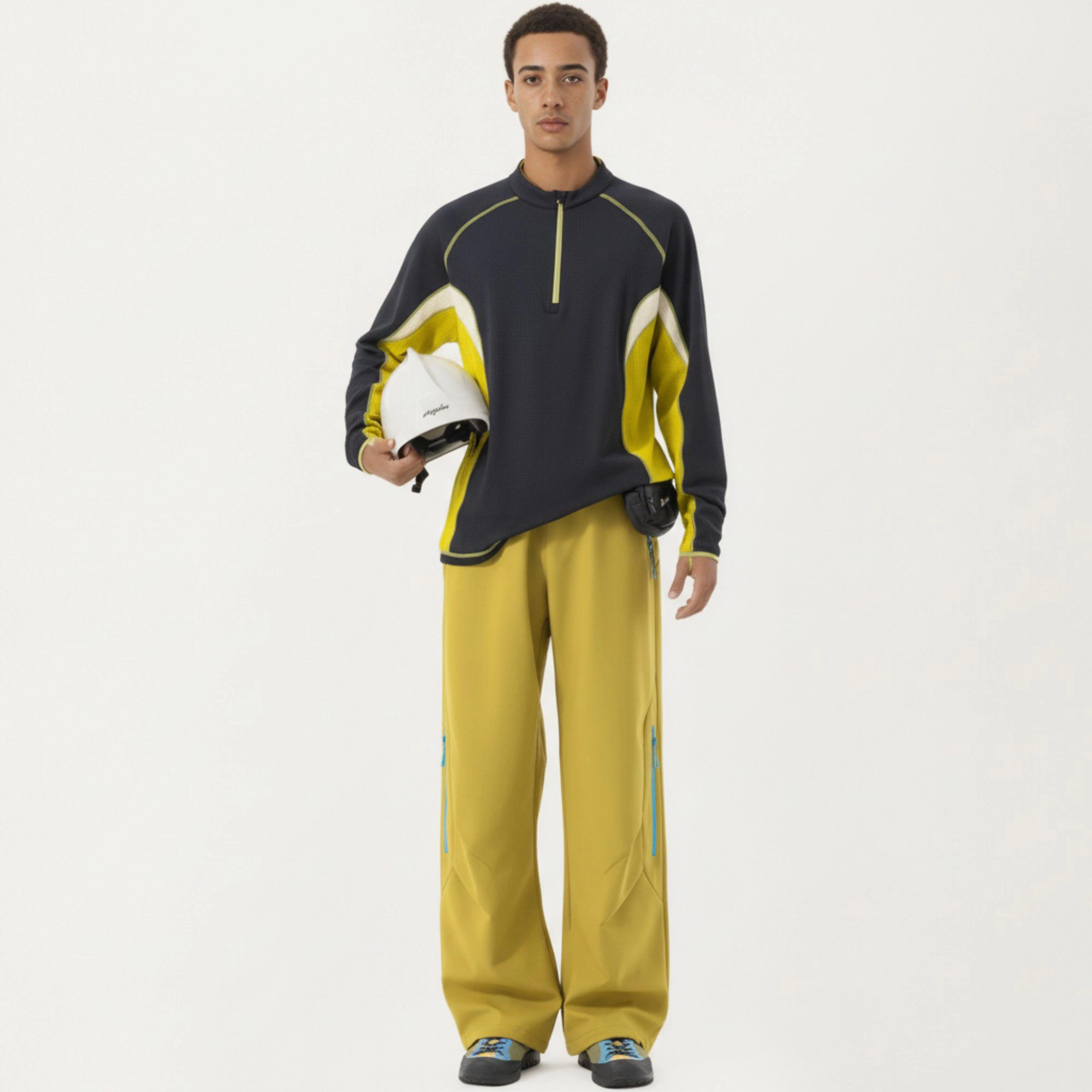 Anna-Kaci Men's Long Sleeve Half-Zip Pullover Top with Color Block Panels and Contrast Seam Detailing