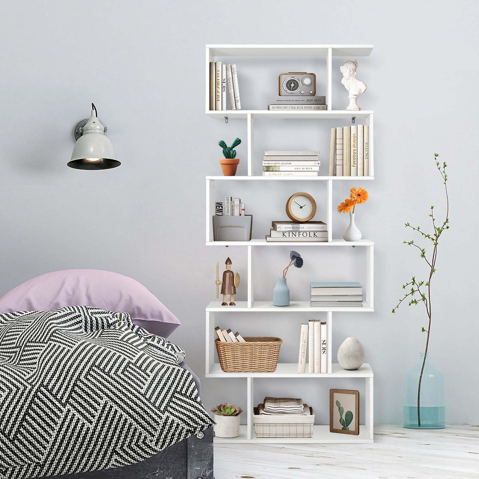 SUGIFT 6-Tier White S-Shaped Bookshelf Z-Shelf with 6 Open Cubes Freestanding Display for Study and Bedroom