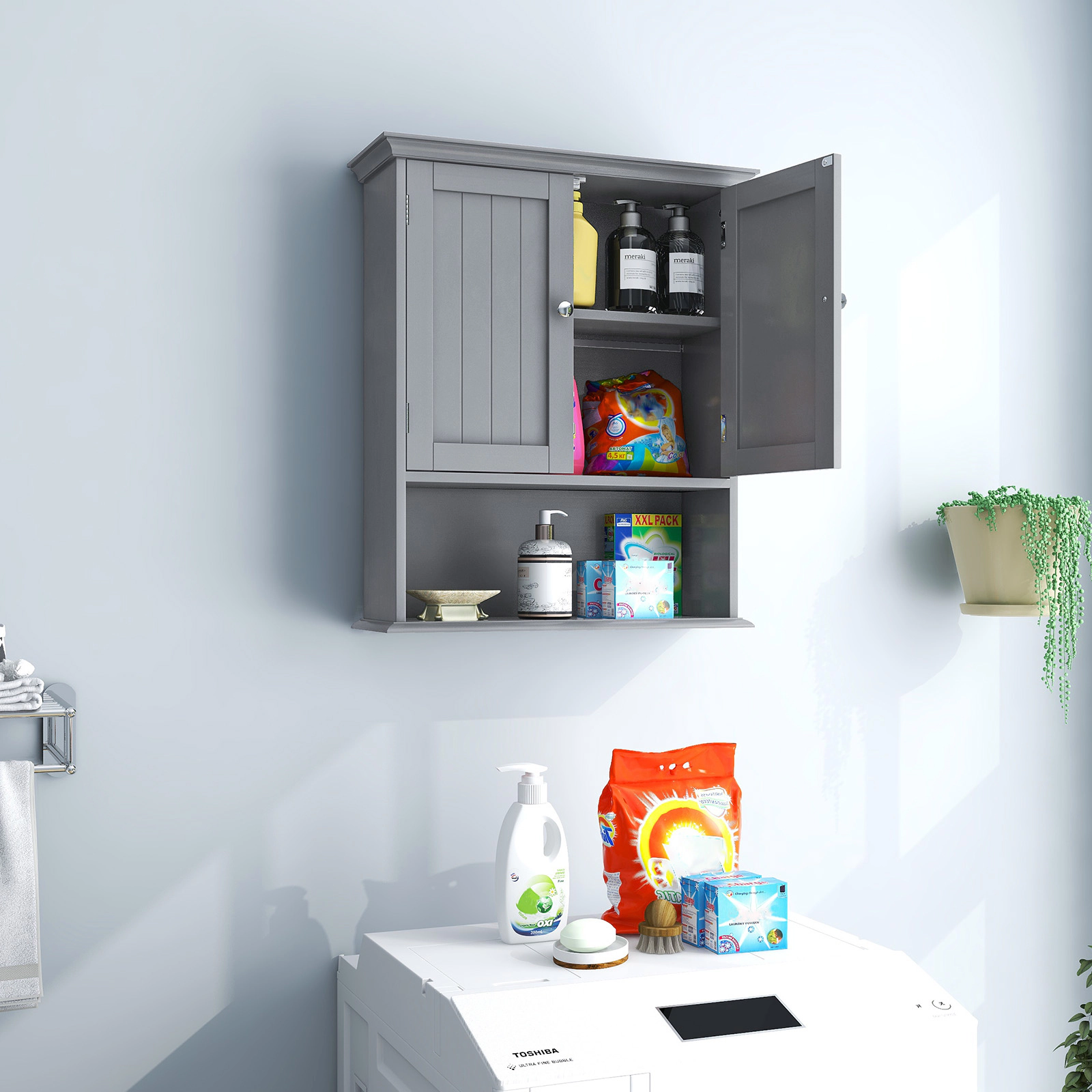 Slickblue Wall Mounted Bathroom Storage Cabinet with Adjustable Shelf and Open Storage