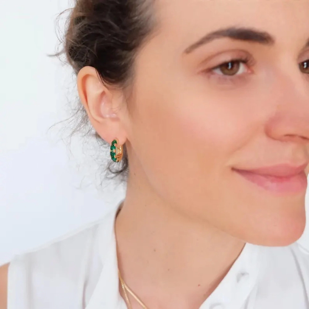 Emerald Green Round Cubic Zirconia Huggie Hoop Earring